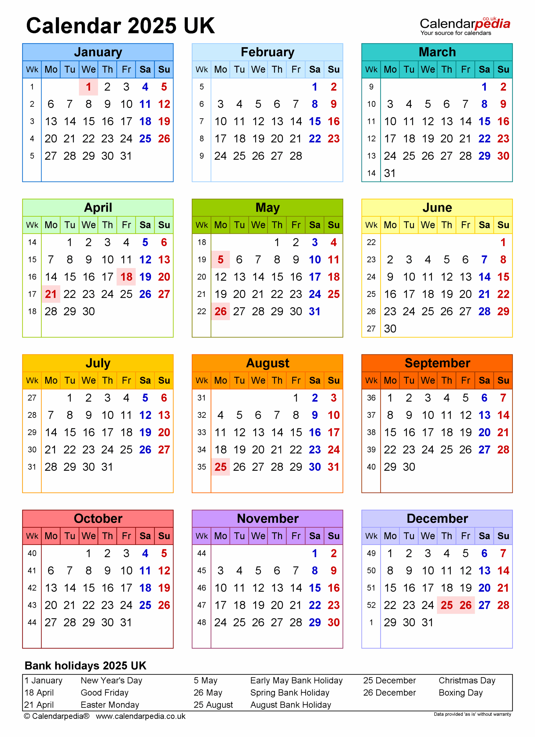 Calendar 2025 UK Free Printable PDF Templates