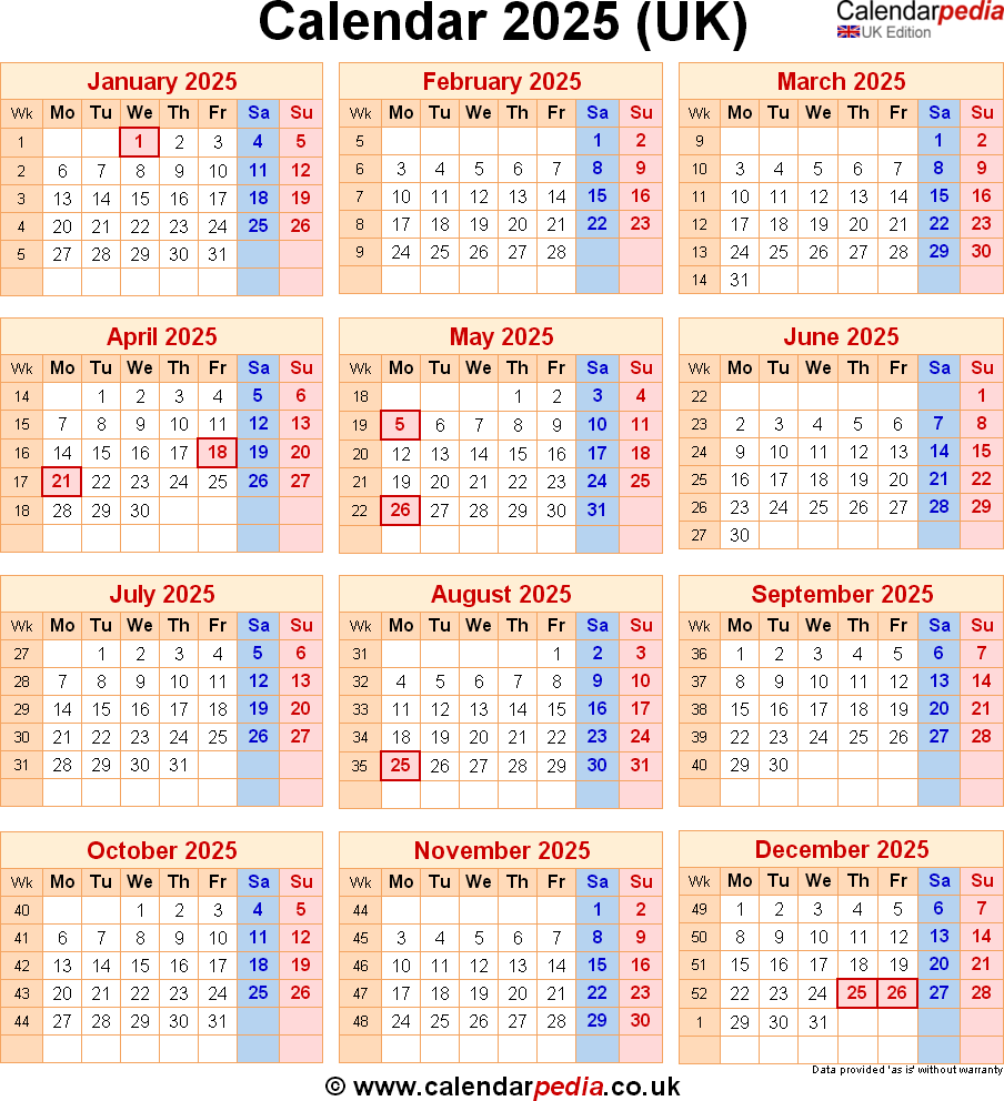 Calendar 2025 UK With Bank Holidays And PDF Excel Word Templates