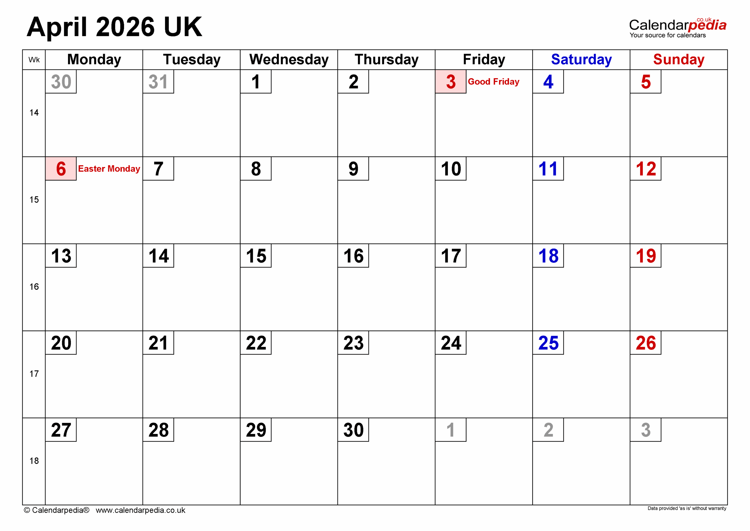Free Printable April 2026 Desk Calendar