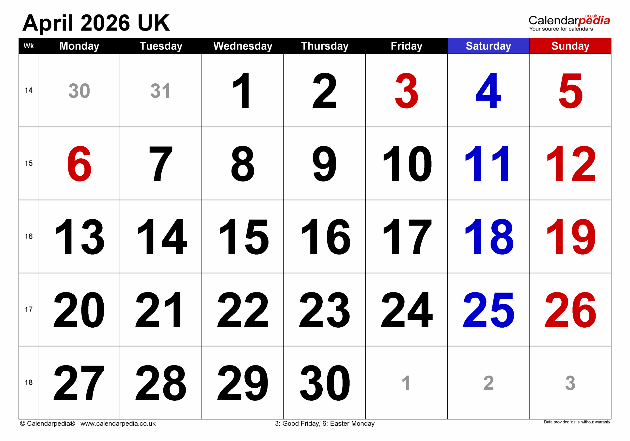 Calendar April 2026 UK With PDF Excel And Word Templates