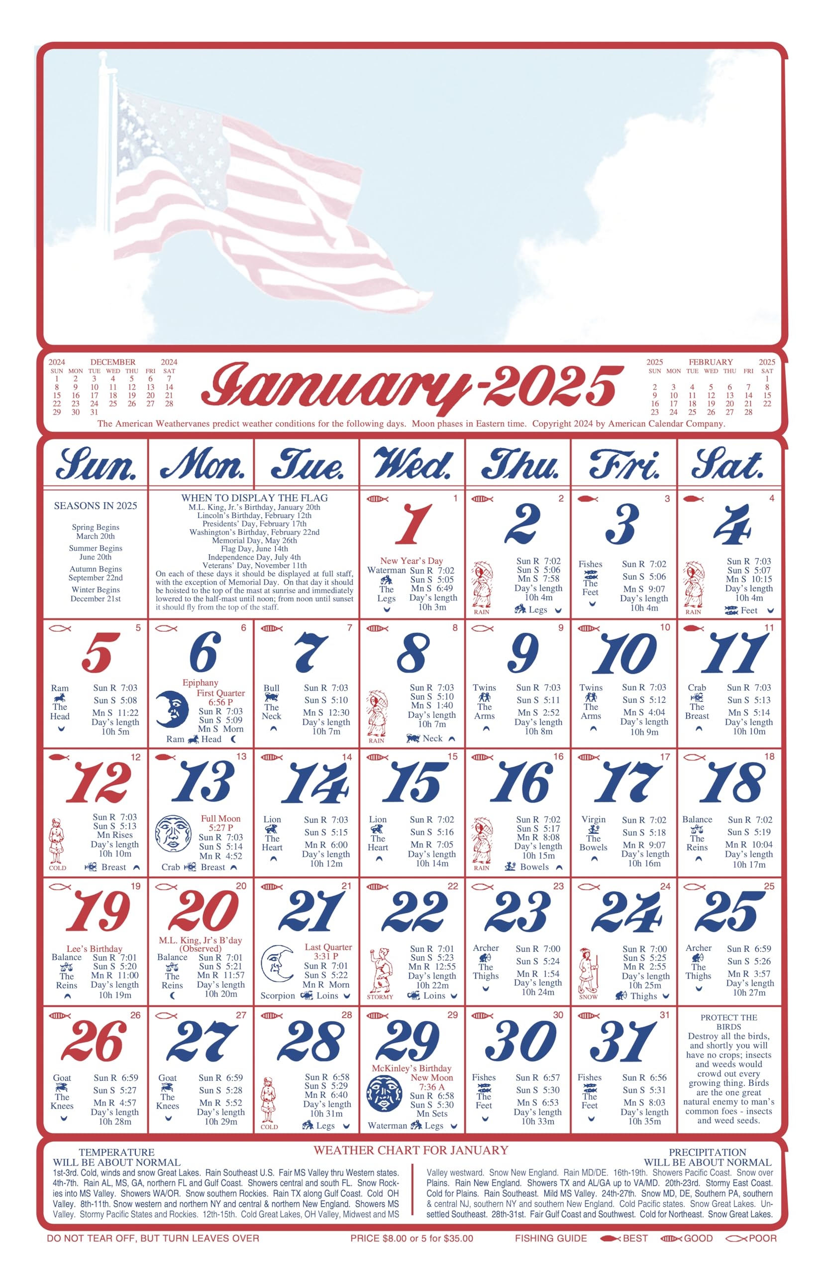 Calendar Company 2025 America s Farmers Almanac With USA Flag Tinned At Top With Eyelet Hole For Hanging Made In The USA Flag Almanac 