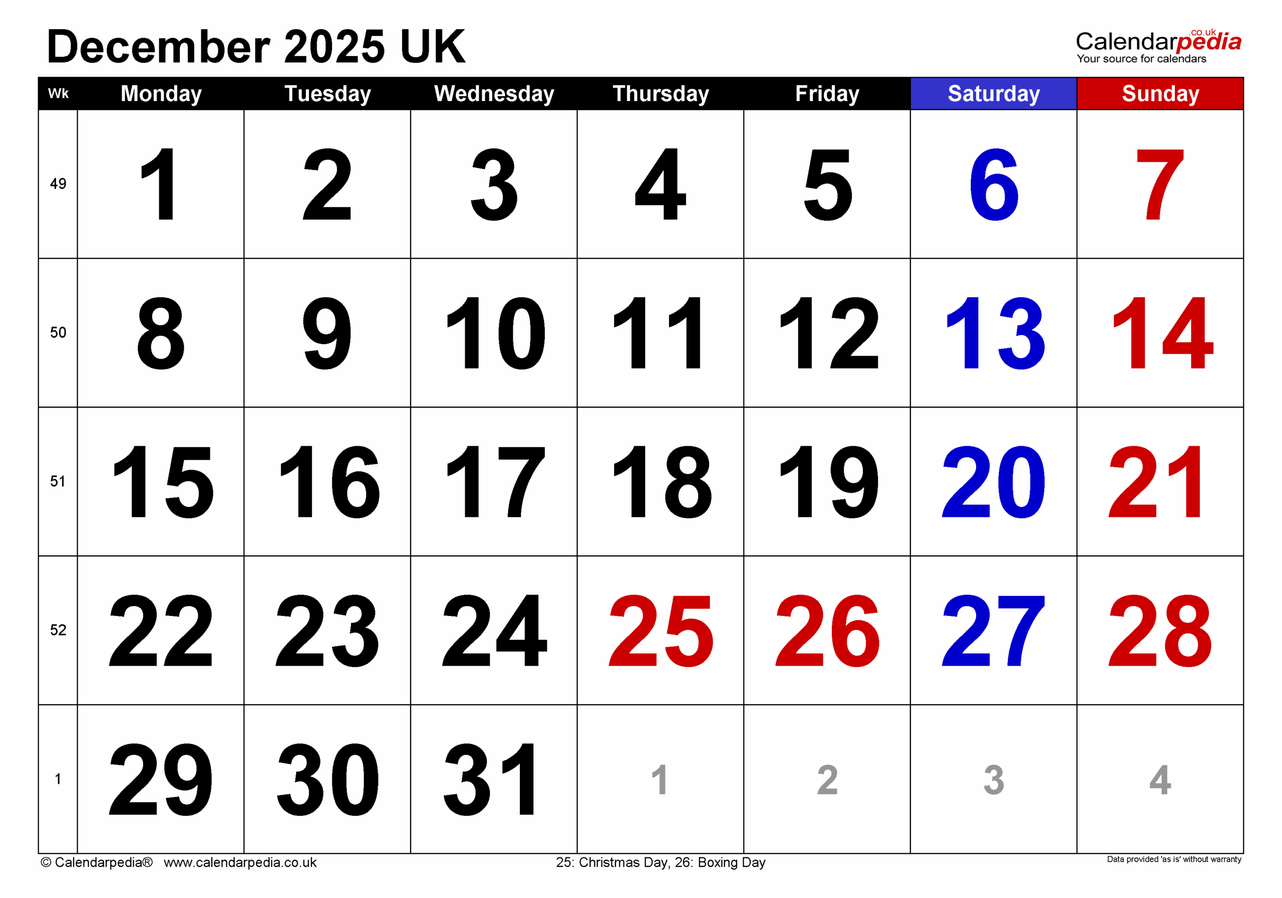 Calendar December 2025 UK With PDF Excel And Word Templates