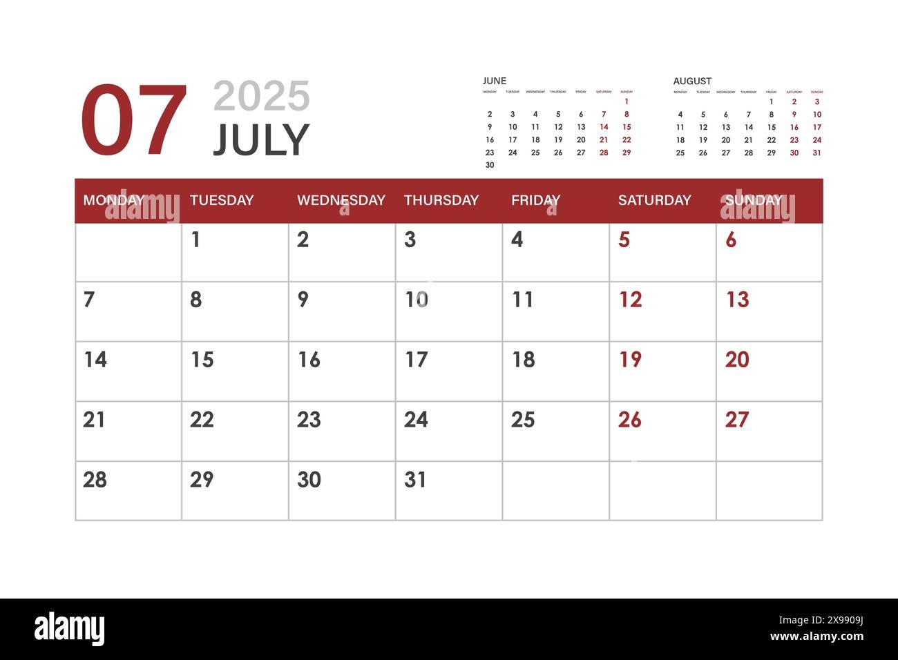 Calendar For July 2025 The Week Starts On Monday Stock Vector 