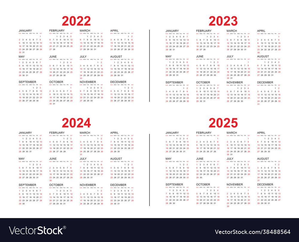 Calendar From 2022 2023 2024 2025 Years Template Vector Image