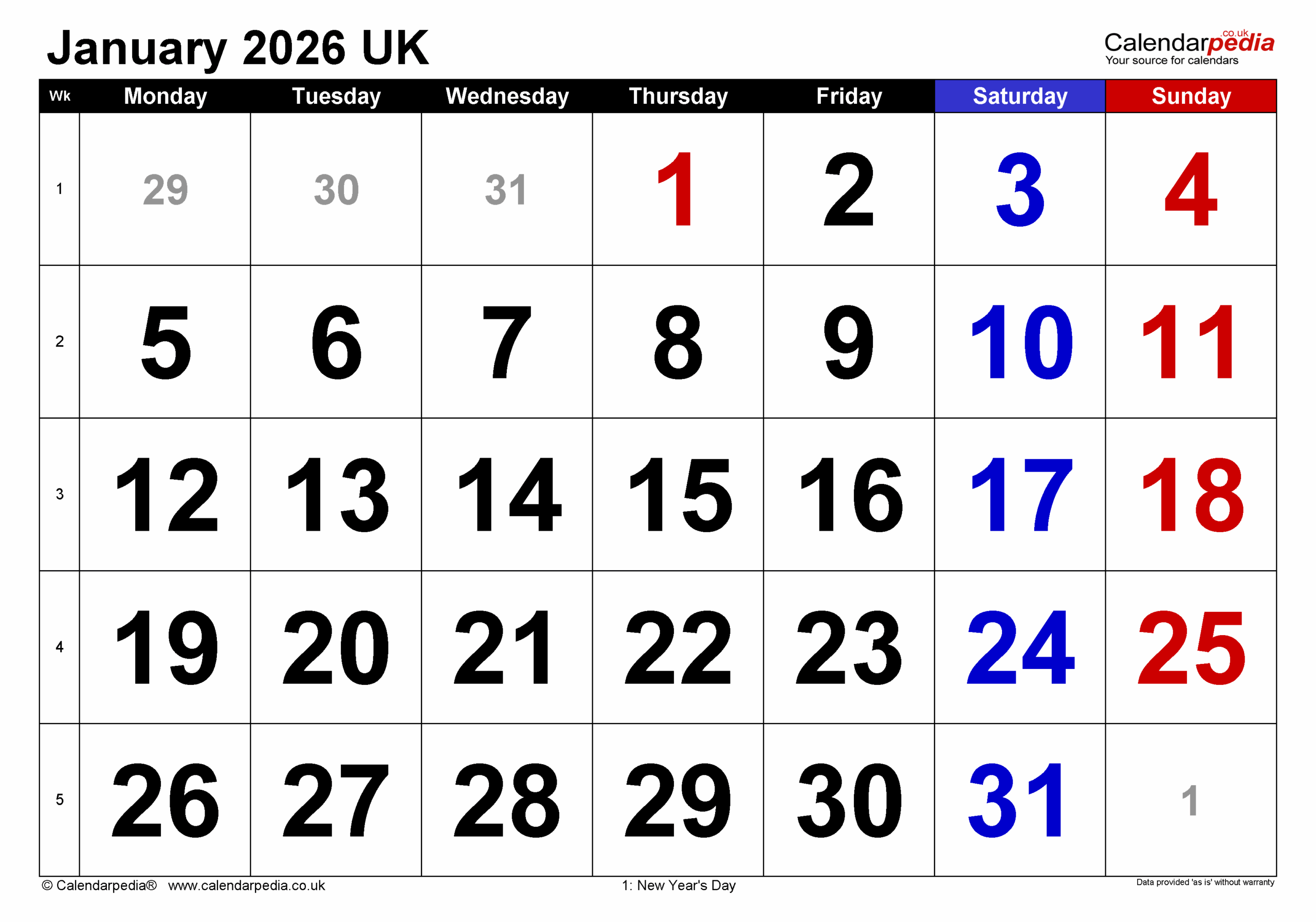 Calendar January 2026 Free Printable