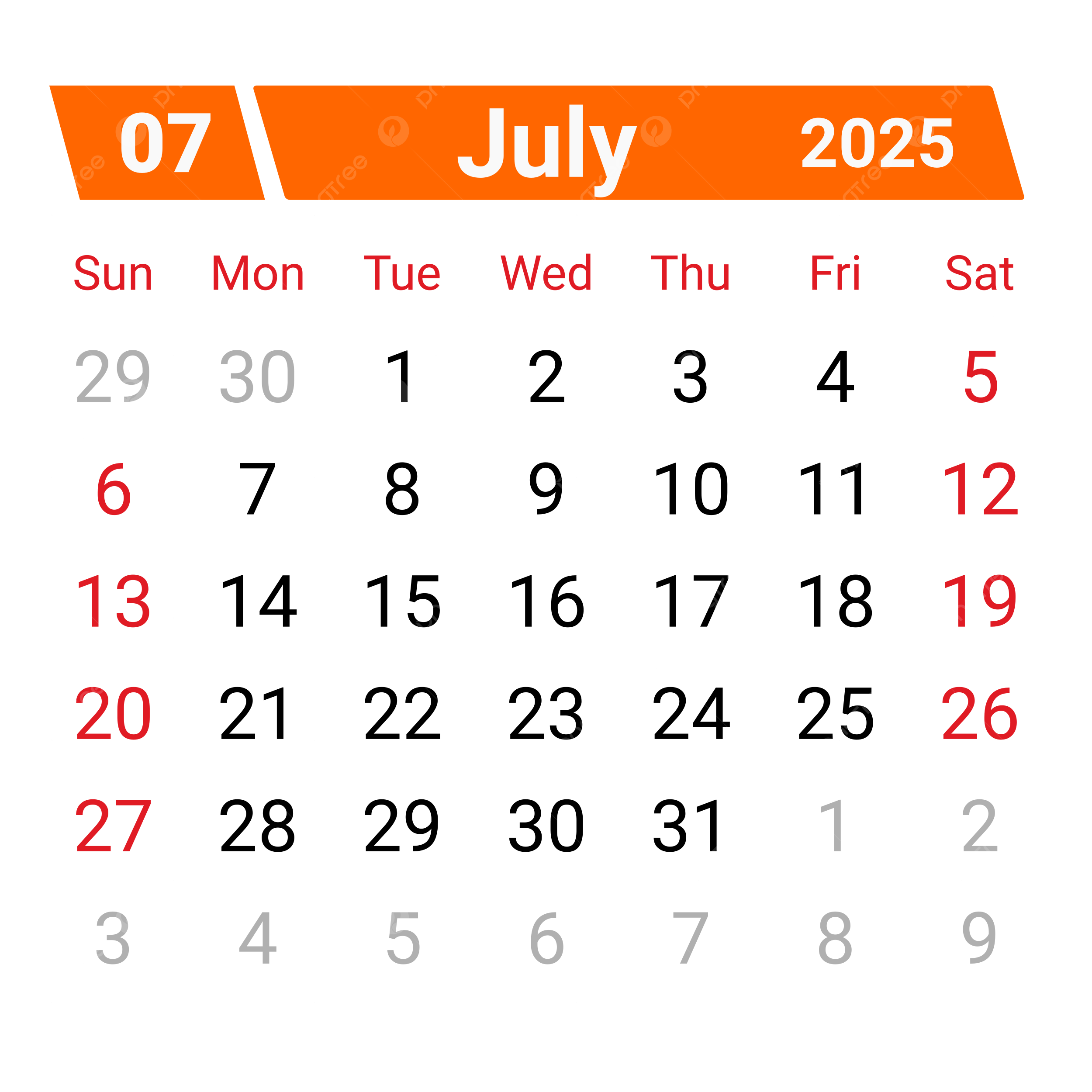 Calendar July 2025 Vector Calendar July 2025 July 2025 Calendar 2025 PNG And Vector With Transparent Background For Free Download