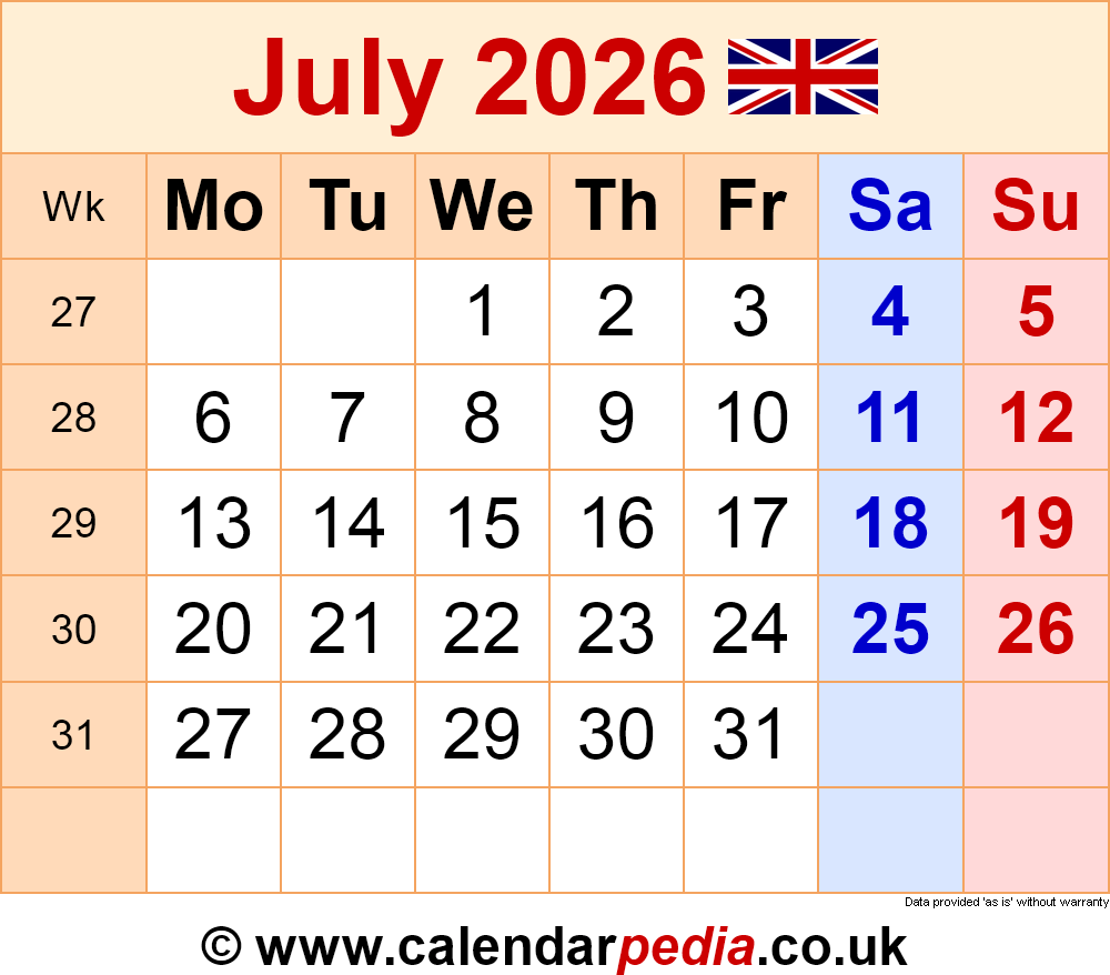 Calendar For July 2026
