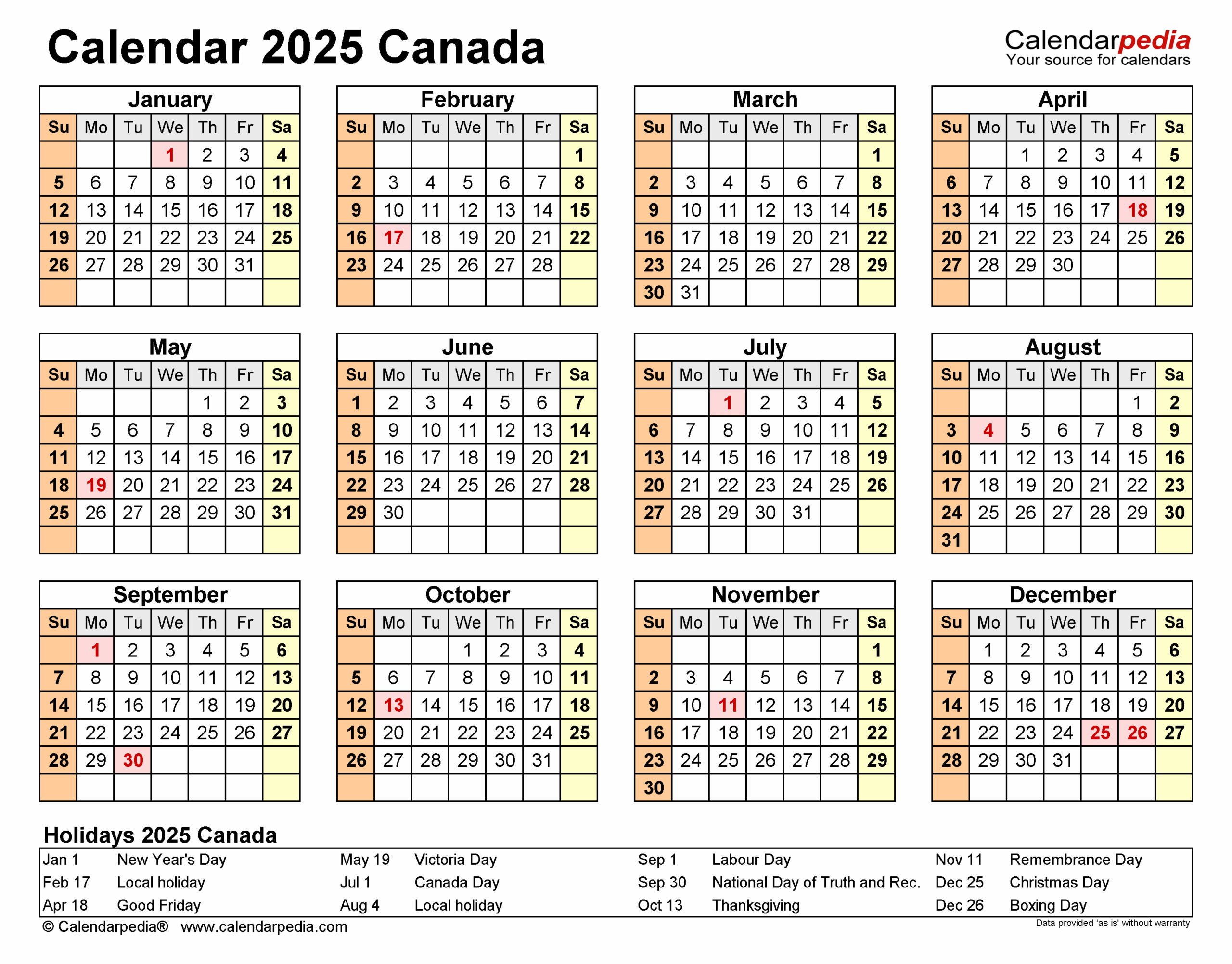 Canada Calendar 2025 Free Printable Excel Templates
