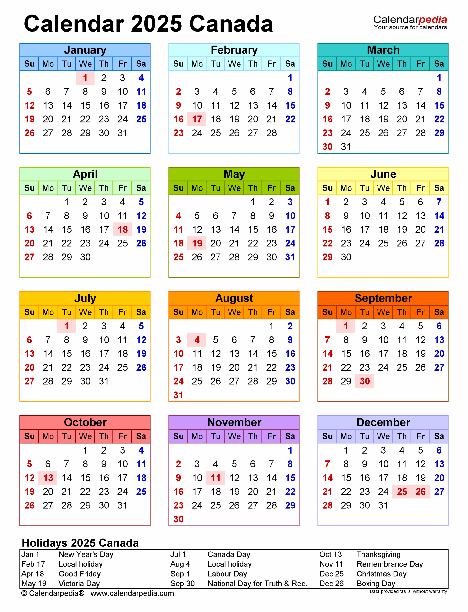 Canada Calendar 2025 Free Printable Excel Templates