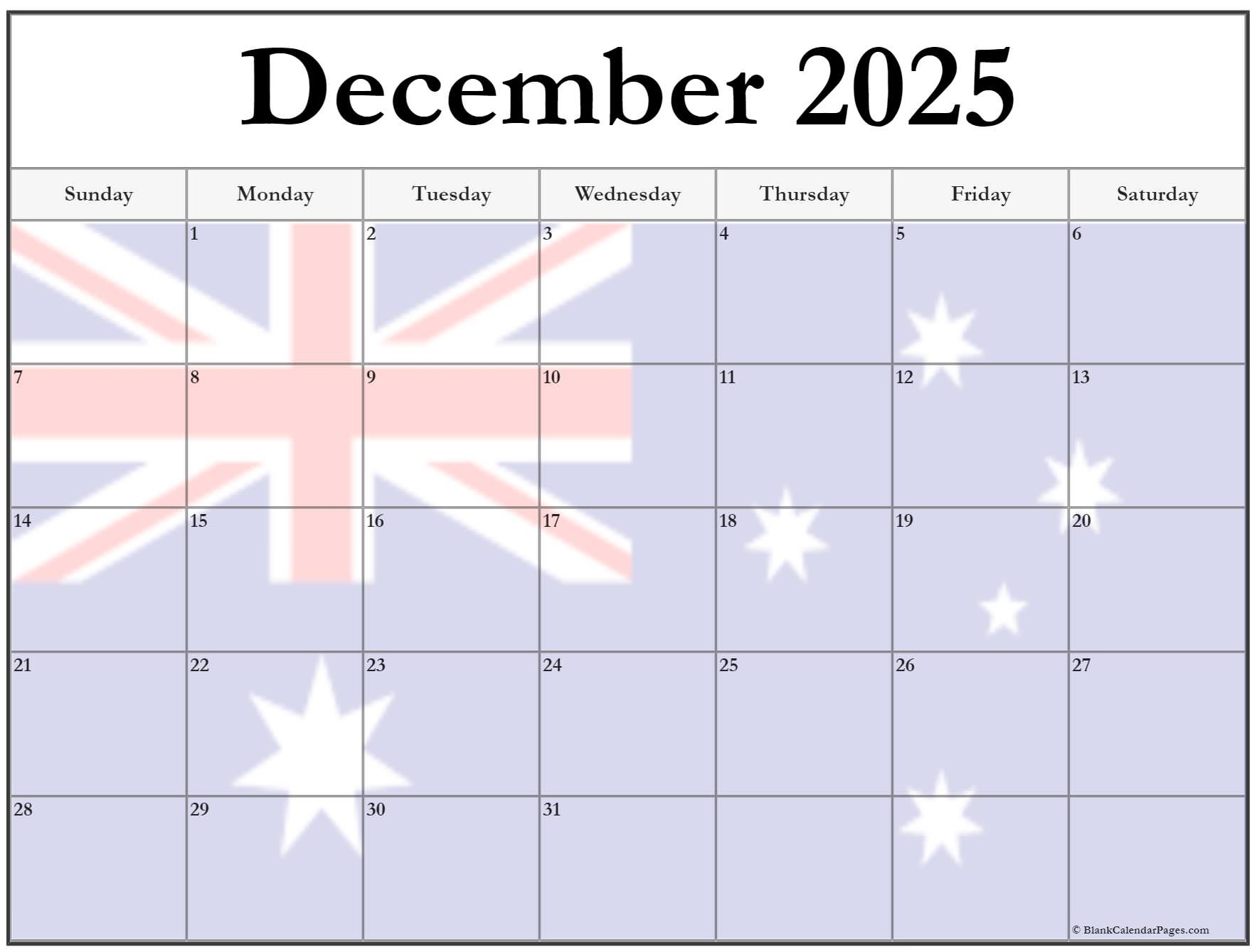 December 2025 Calendar Printable Australia