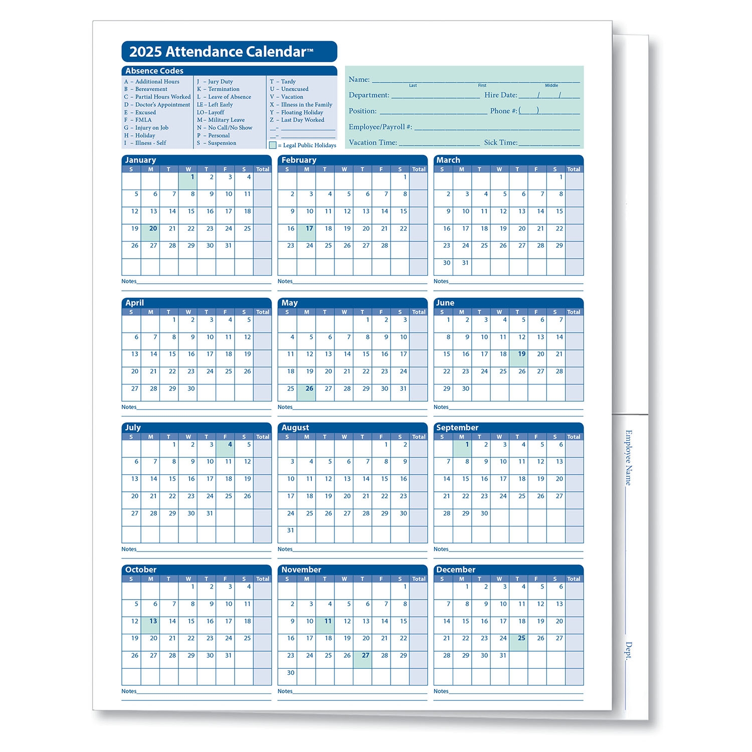 ComplyRight 2022 Attendance Calendar Card White Pack Of 25 a4000w25 
