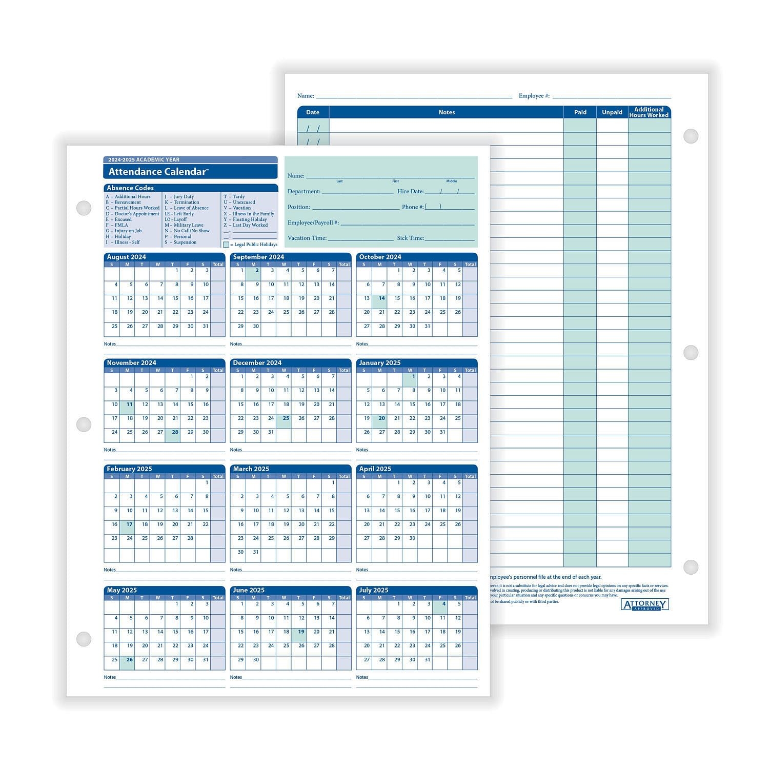 ComplyRight 2024 2025 Academic Attendance Calendar White 50 Pack