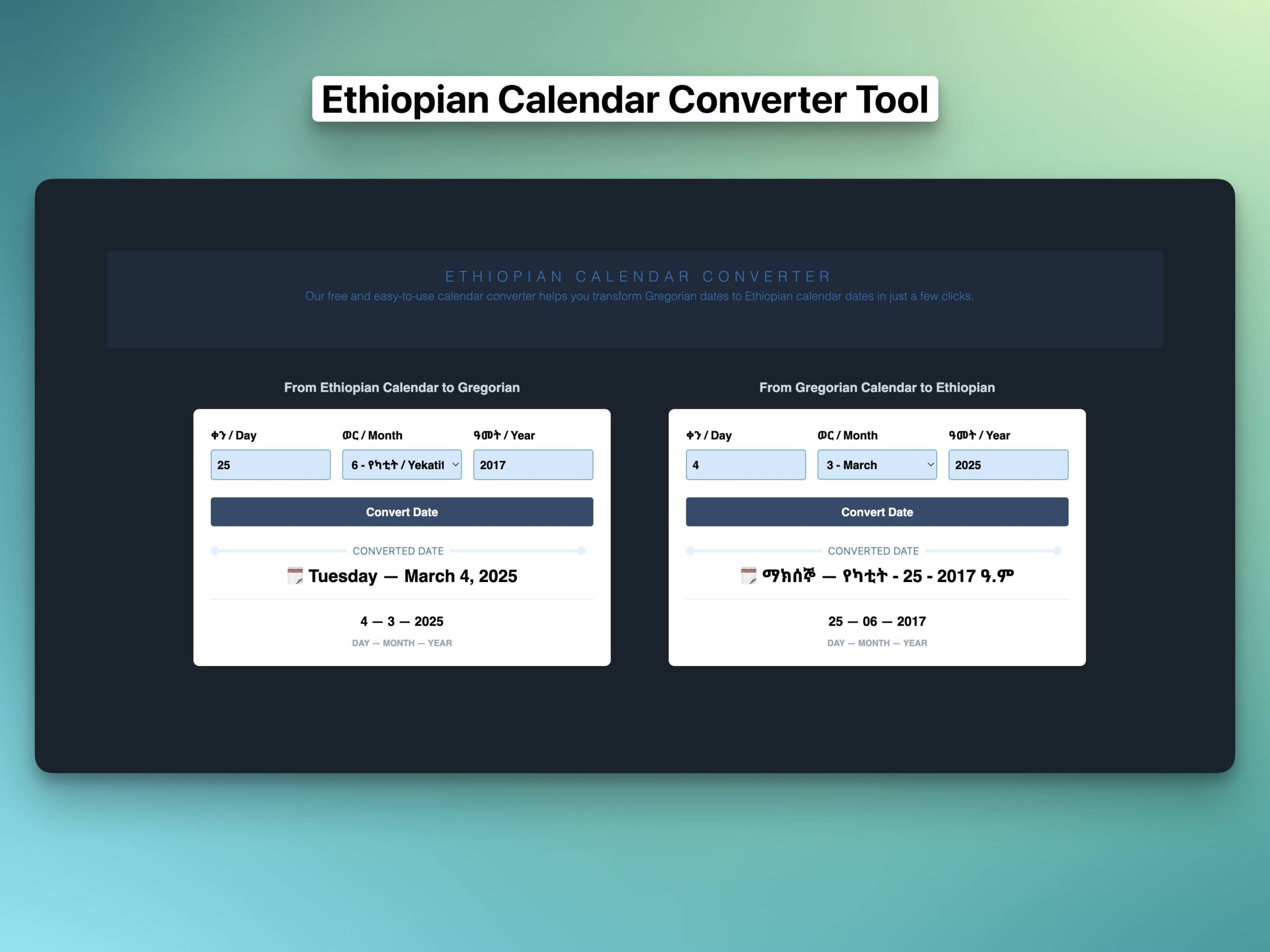 Convert From GC To EC EC To GC From Ethiopian To Gregorian 