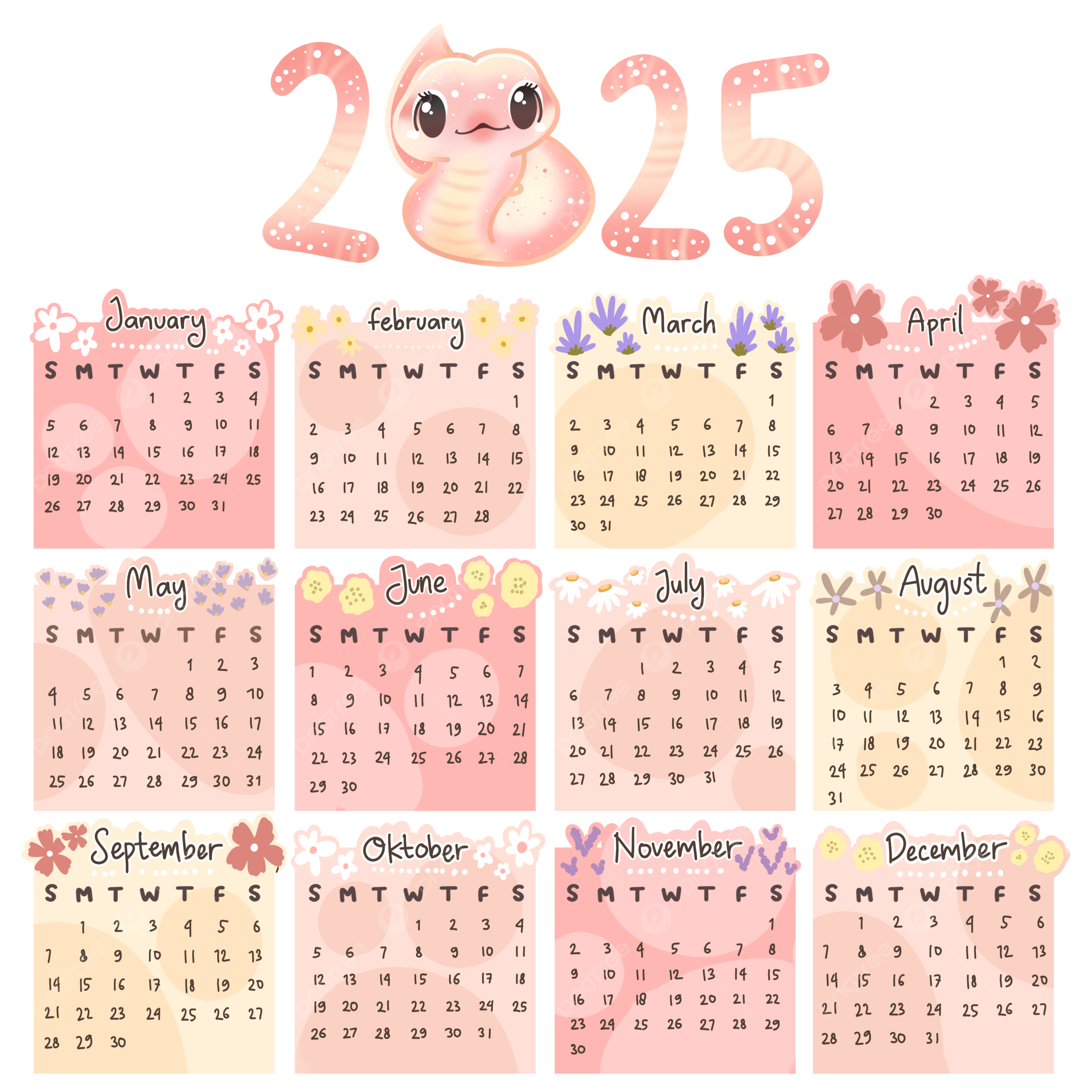 Cute 2025 Chinese Calendar Full Set Snake Year Printable 2025 
