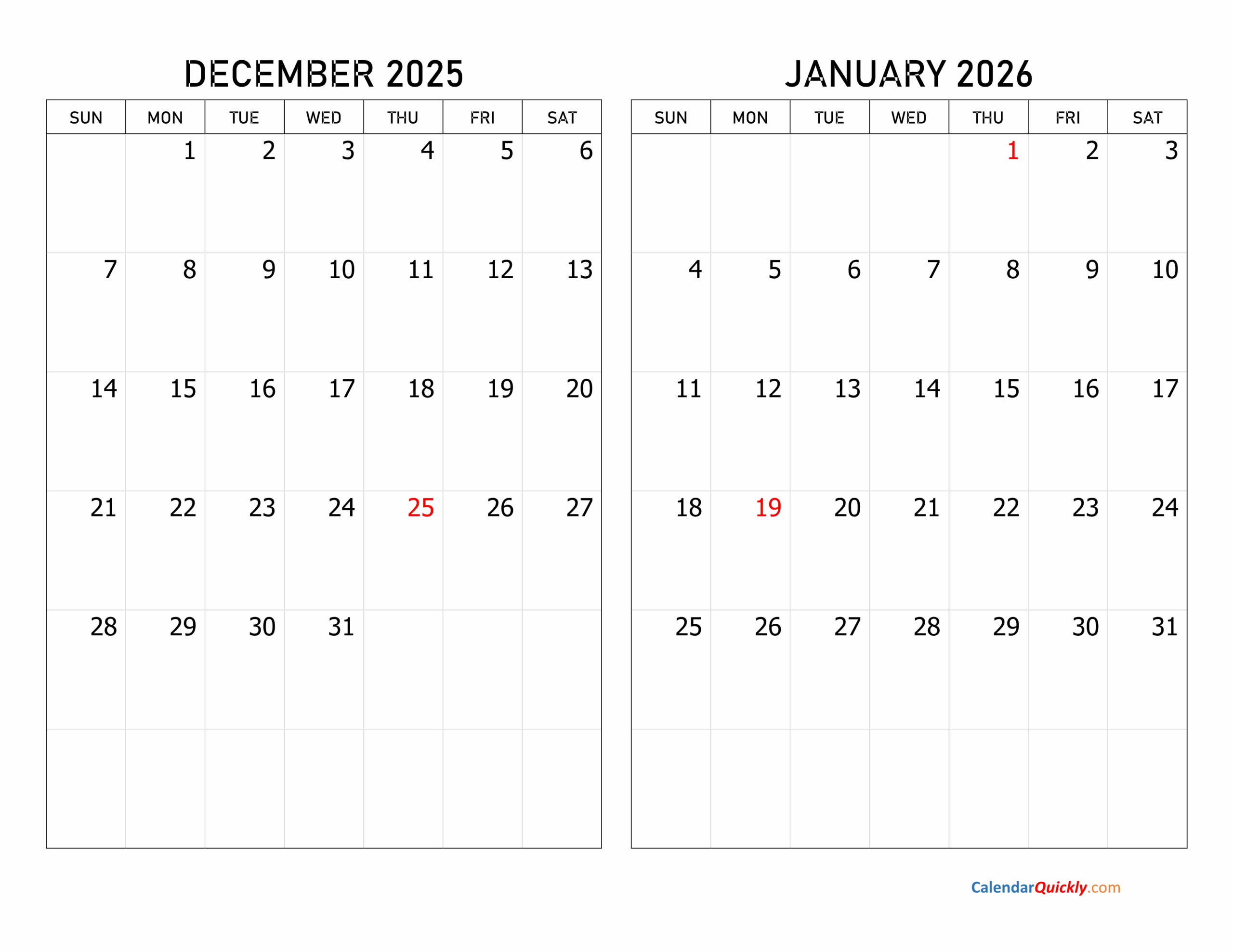 Calendar December 2025 January 2026 Printable