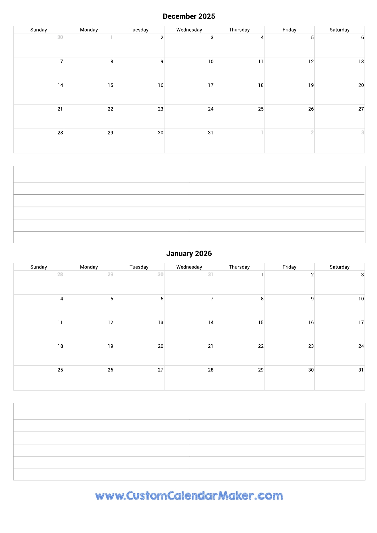 December 2025 And January 2026 Calendar Custom Calendar Maker