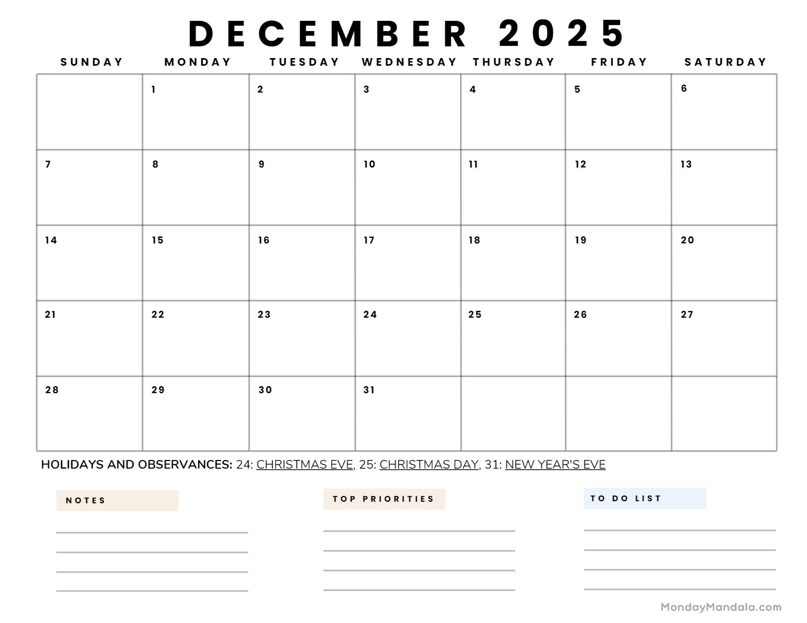 Black December 2025 Calendar Printable