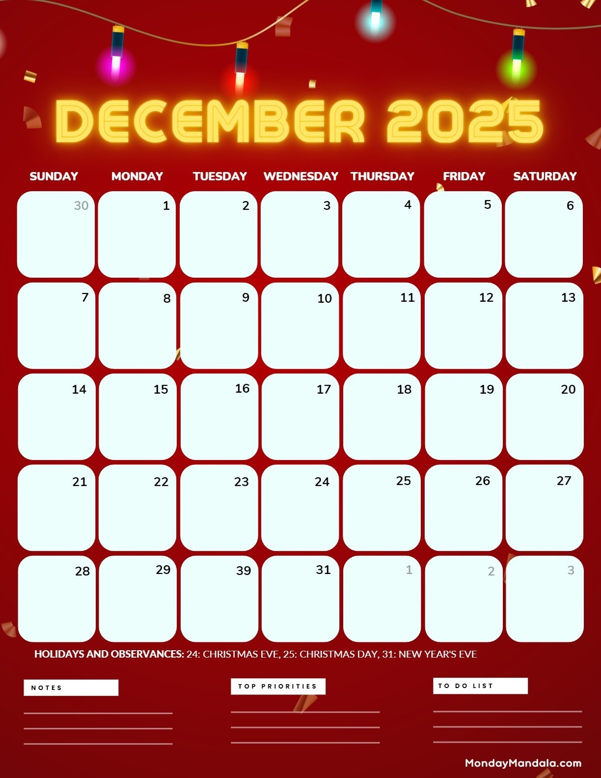 December 2025 Calendar Page Printable Free