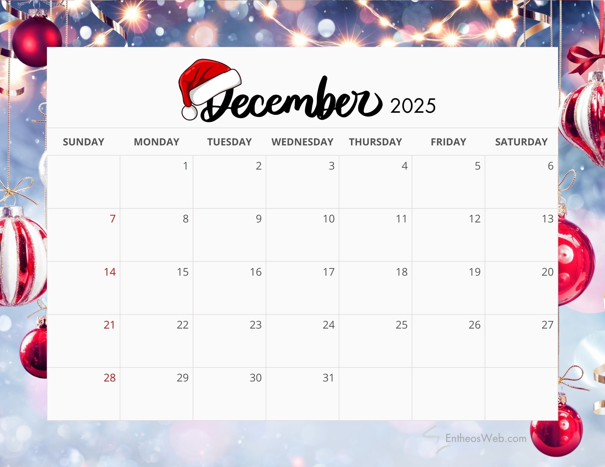 December 2025 Calendar Free PDF Printables EntheosWeb