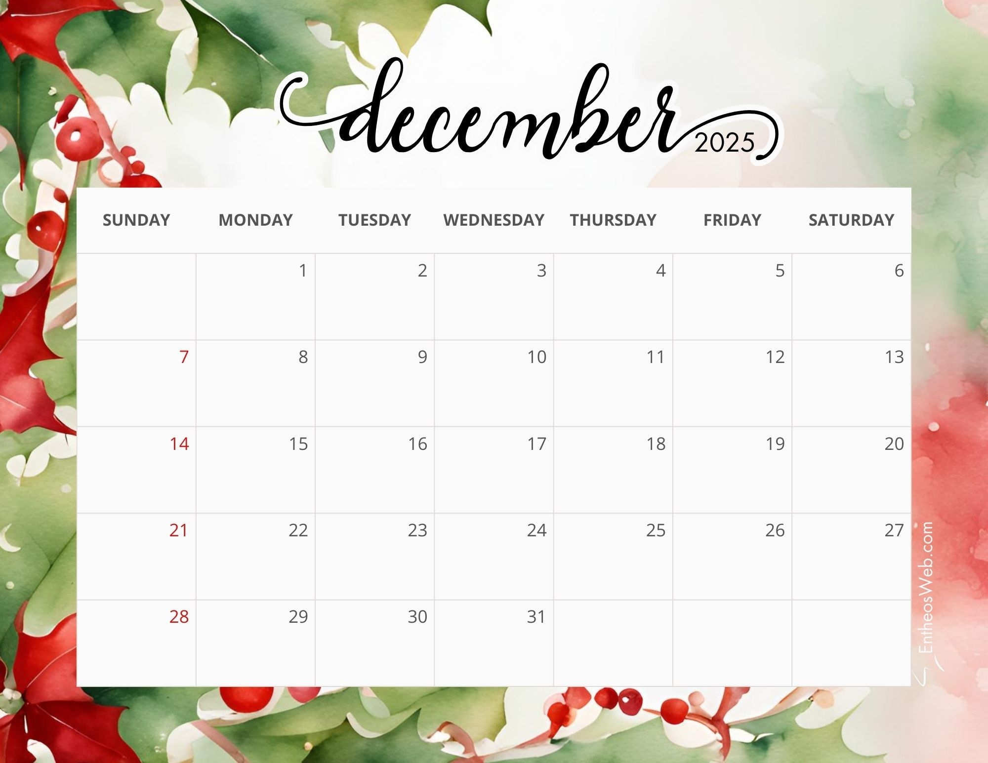 December 2025 Calendar Free PDF Printables EntheosWeb