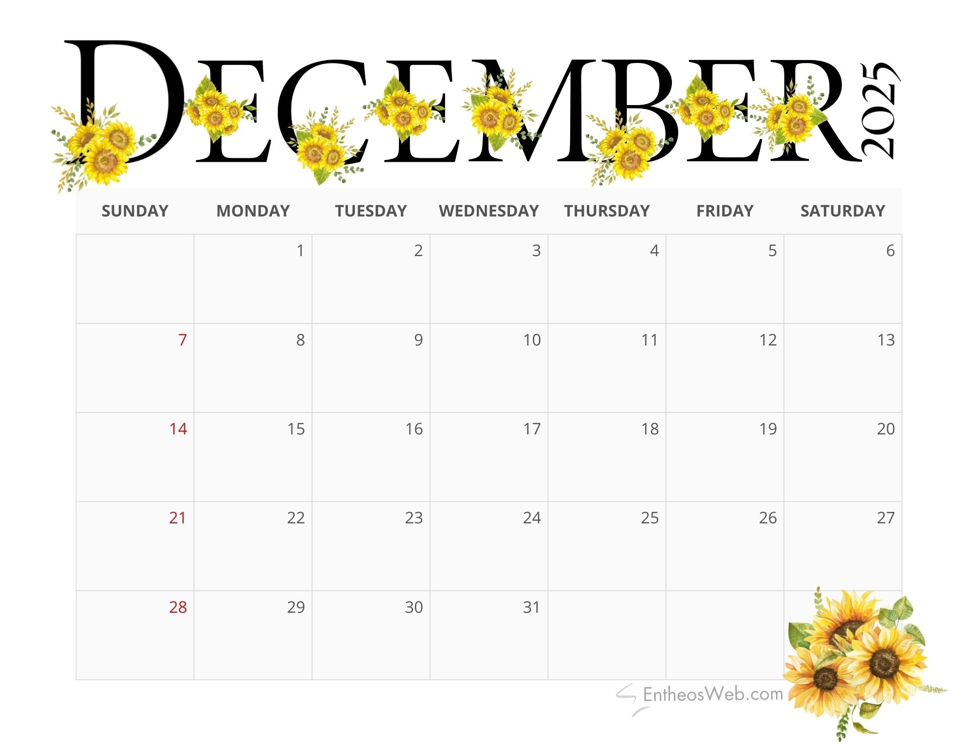 December 2025 Calendar Free PDF Printables EntheosWeb