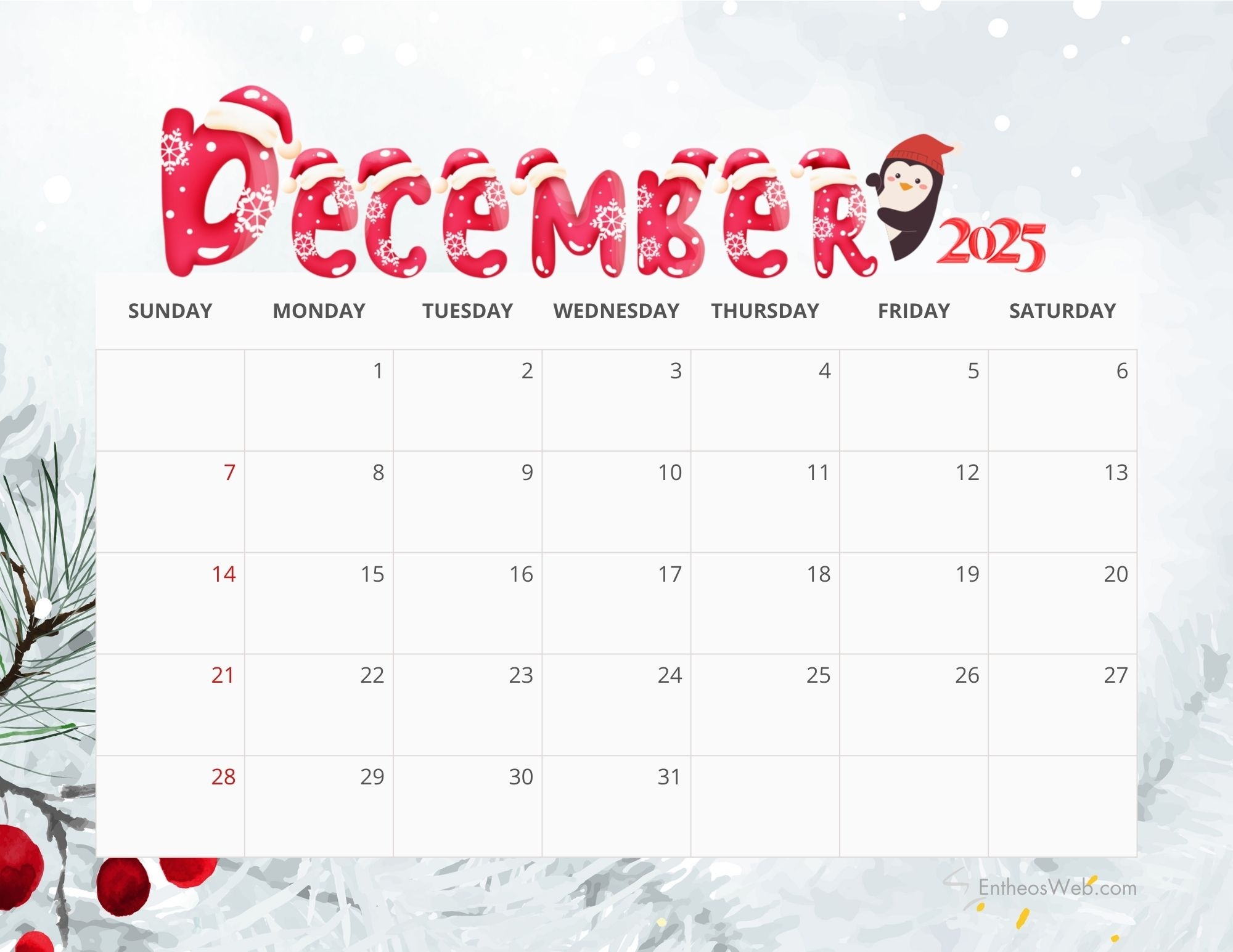 December 2025 Calendar Free PDF Printables EntheosWeb