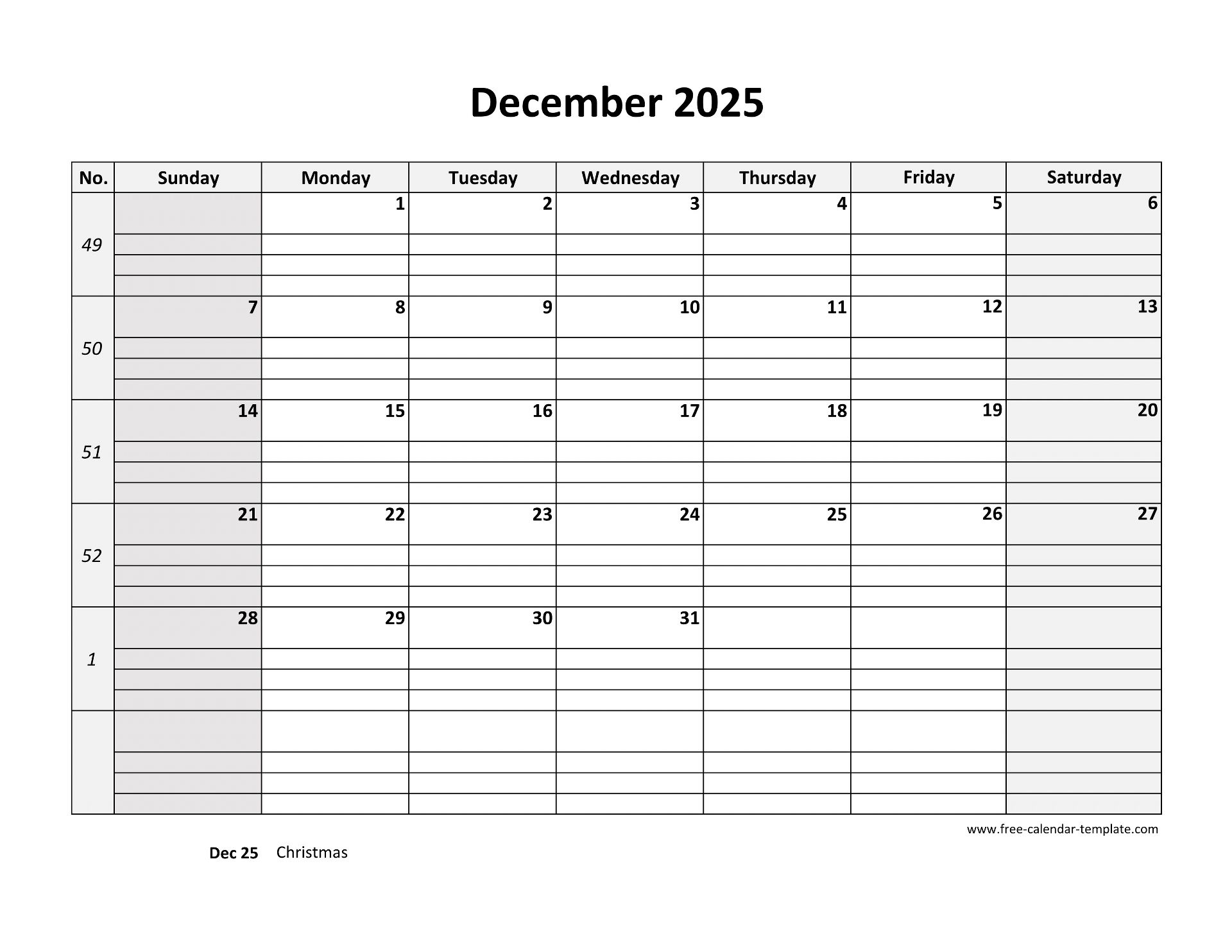 December 2025 Calendar Free Printable With Grid Lines Designed horizontal Free calendar template