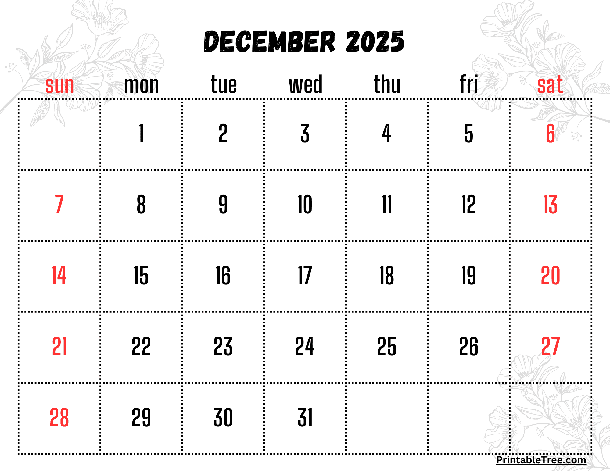 December 2025 Calendar Canada Printable