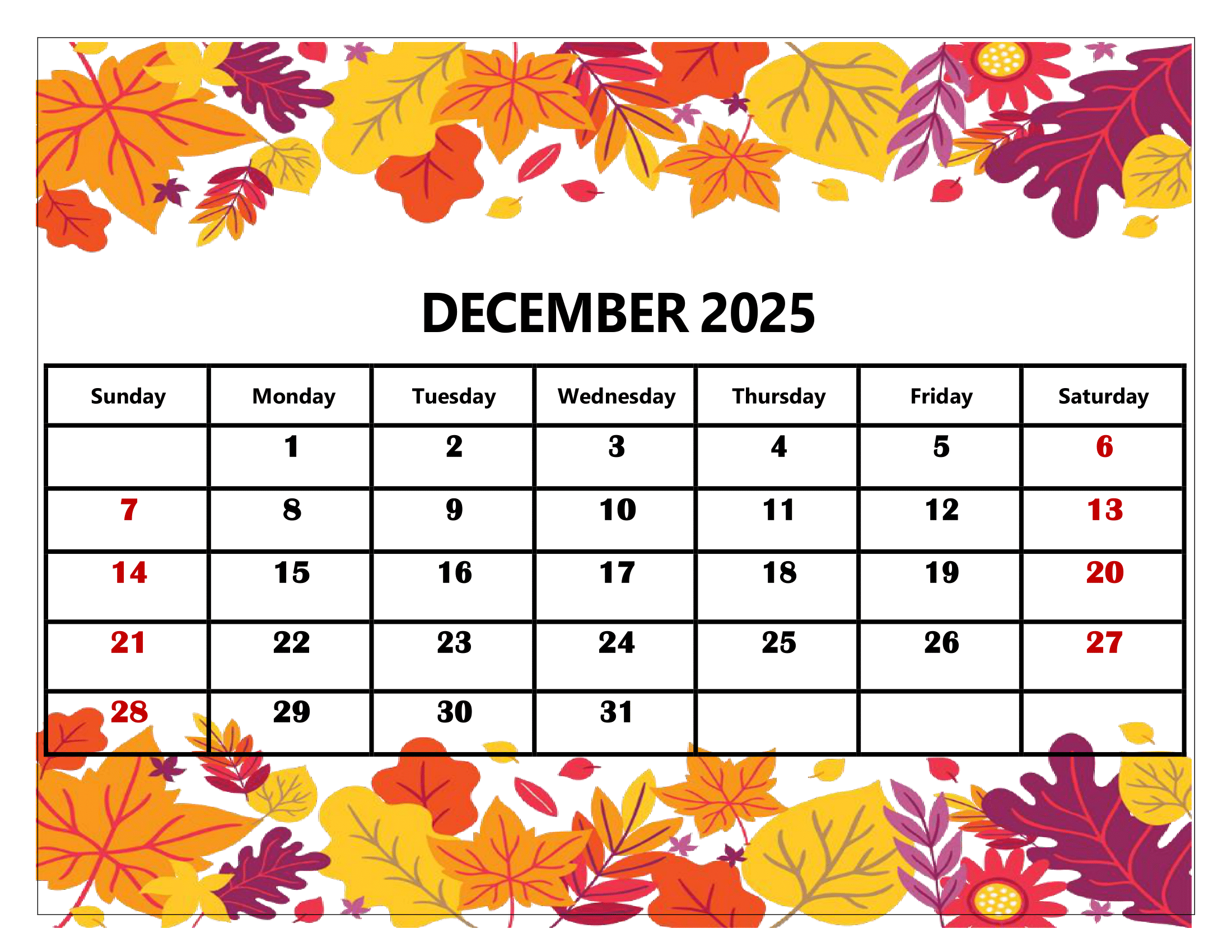 December 2025 Calendar Printable PDF Template With Holidays