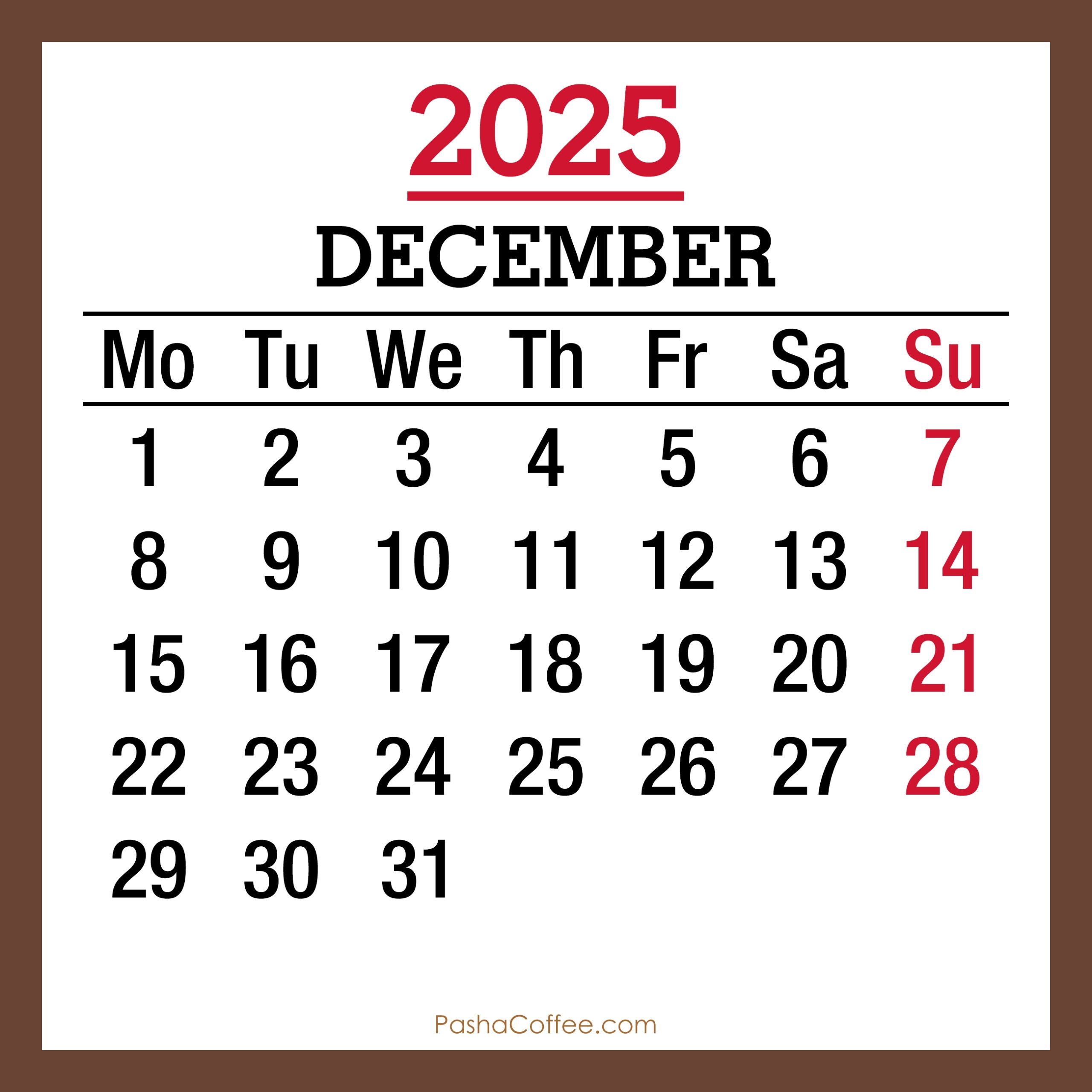 December 2025 Monthly Calendar Printable Free Brown Monday 