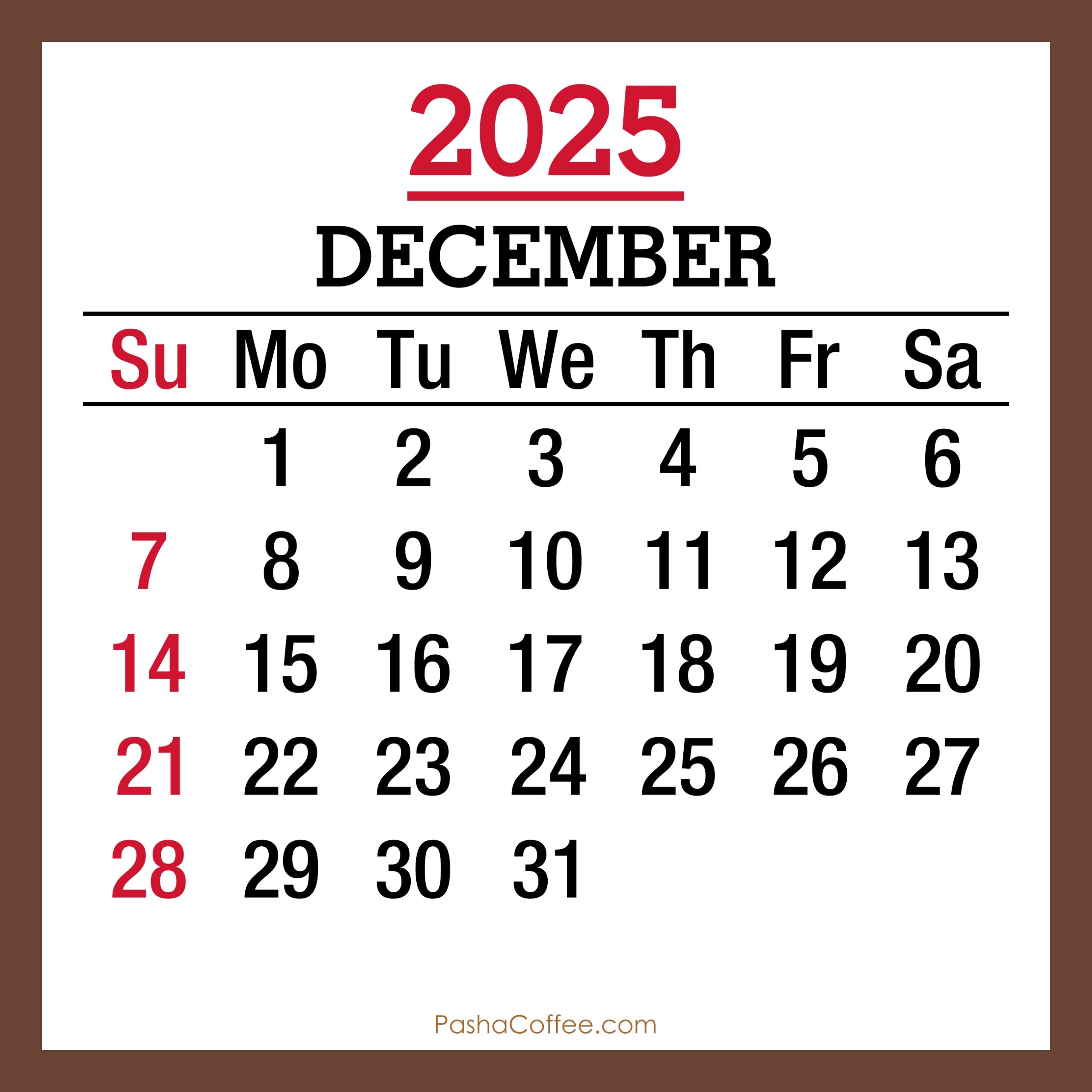 December 2025 Monthly Calendar Printable Free Brown Sunday Start PashaCoffee