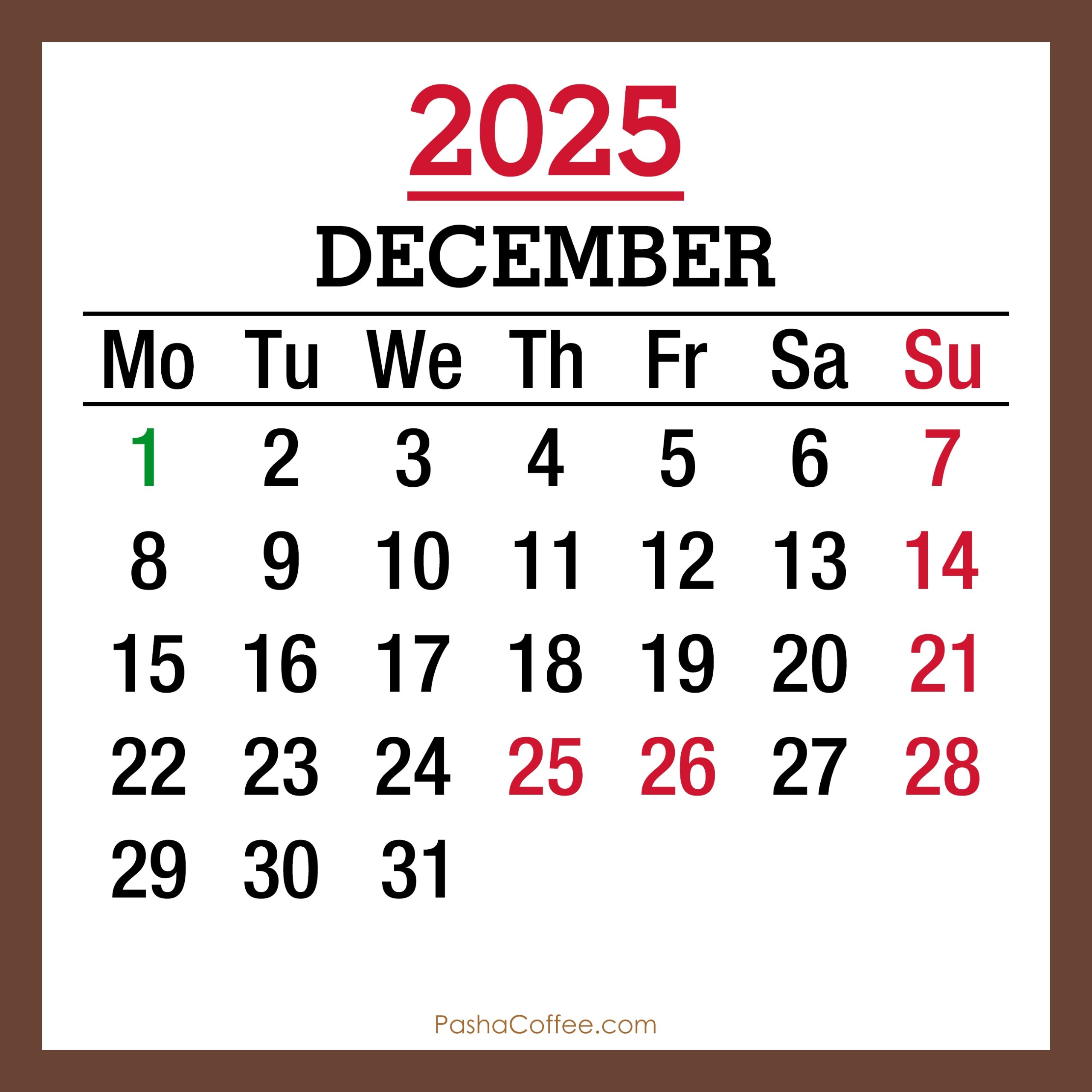 December 2025 Monthly Calendar With UK Holidays Printable Free Brown PashaCoffee