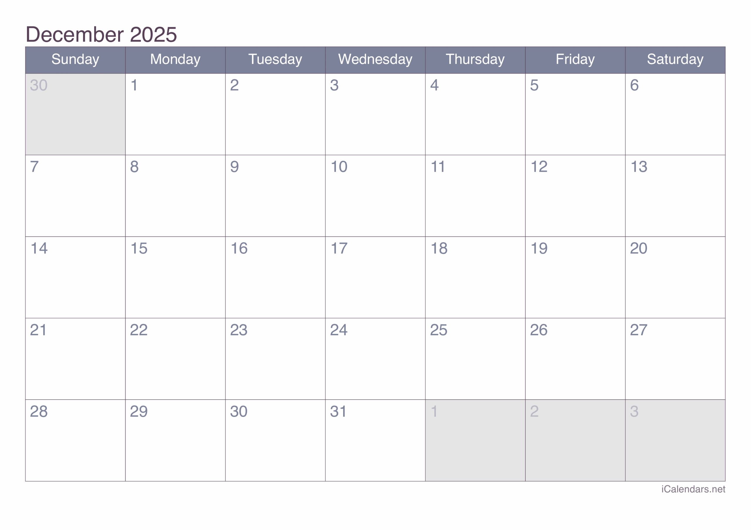 December 2025 Printable Calendar