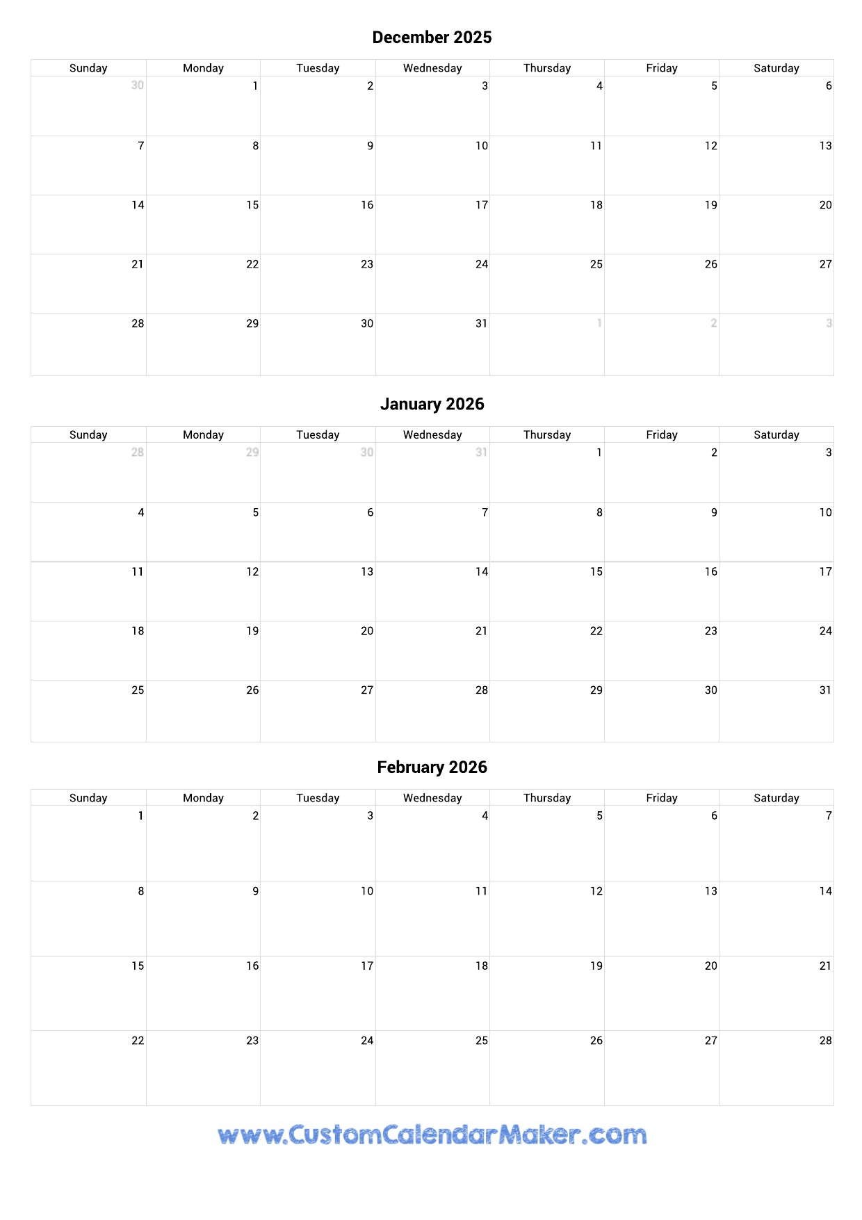 2025 Feb December Calendar Printable