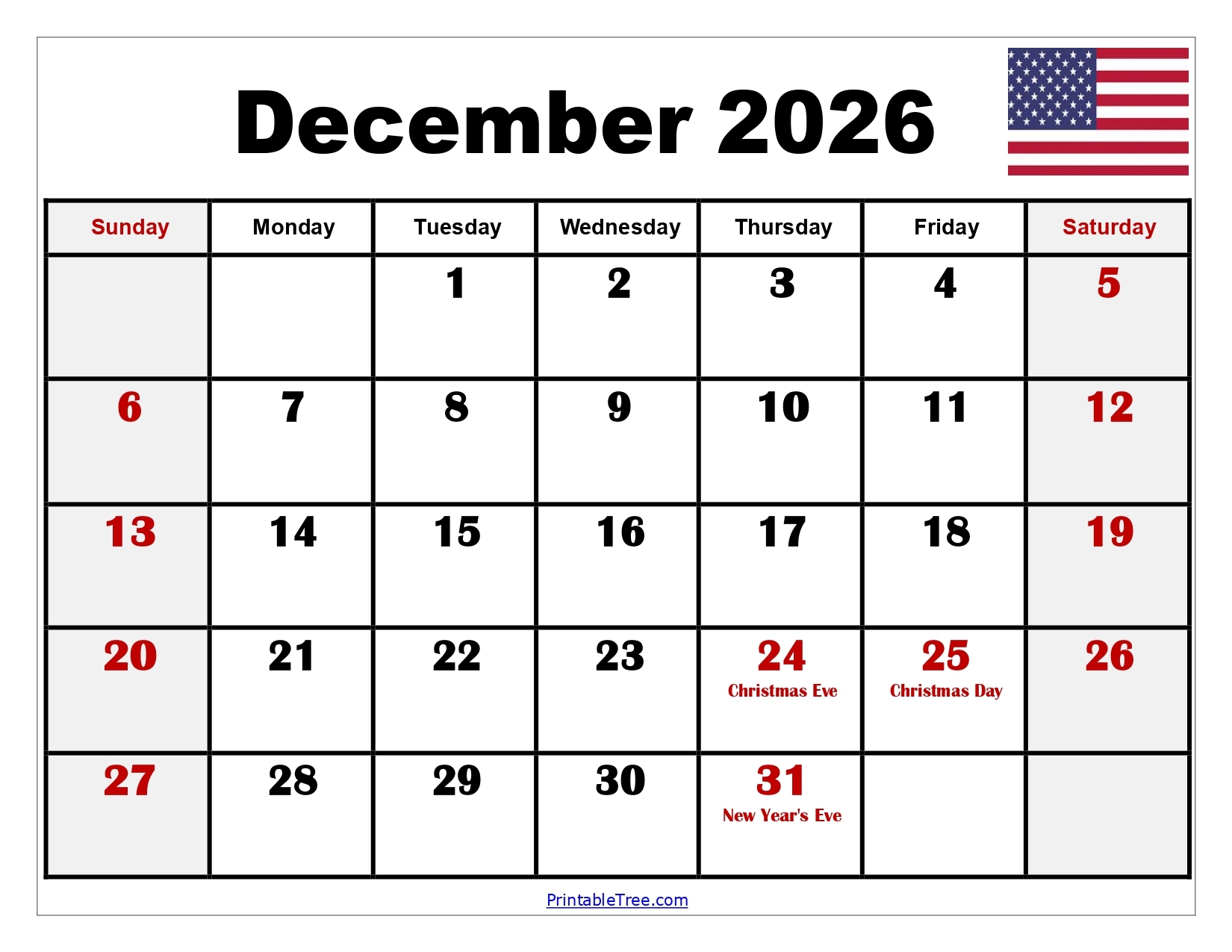 December Calendar 2026 And January 2026 Free Printable