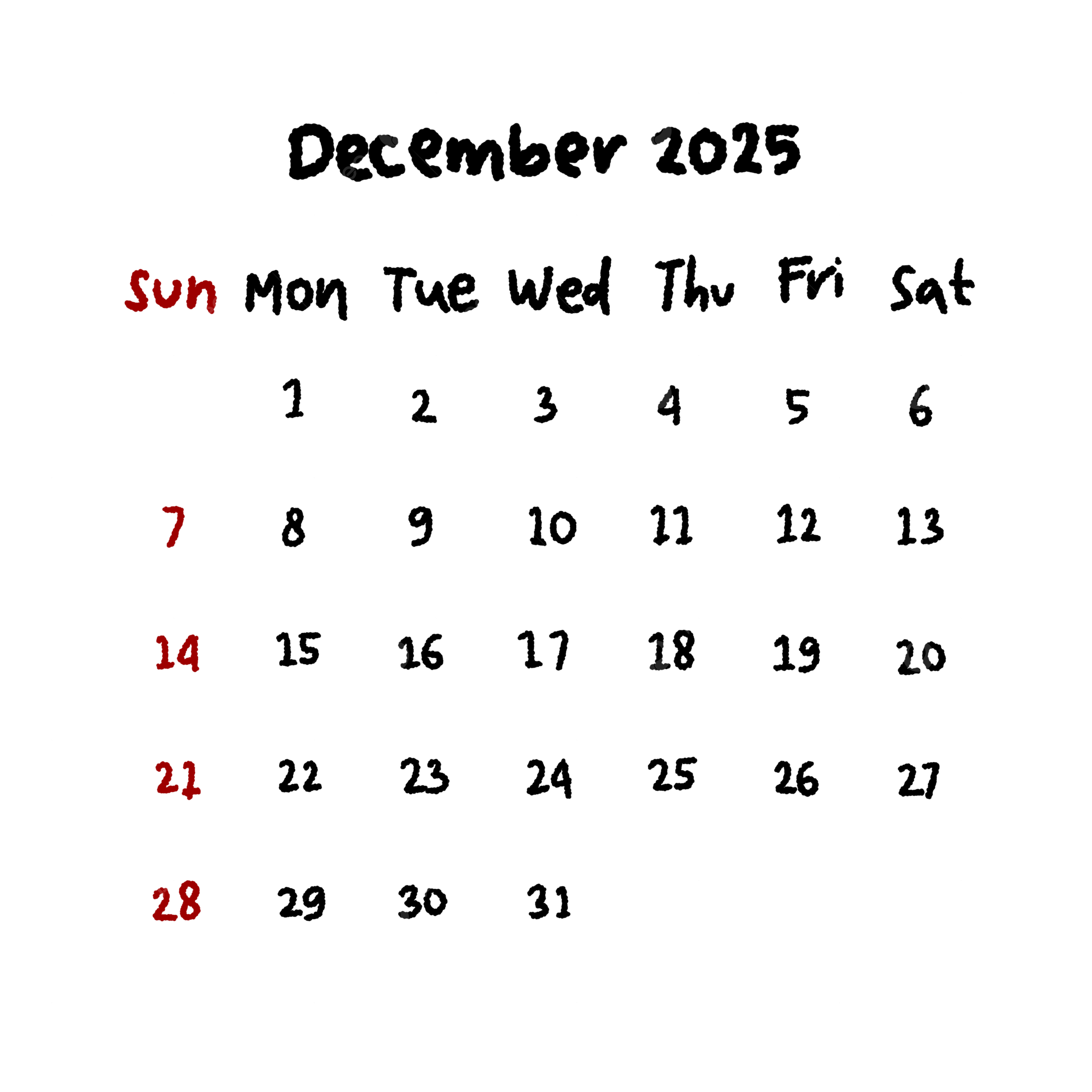 December Calendar Of 2025 Template In Black And Red Color December 2025 Calendar PNG Transparent Clipart Image And PSD File For Free Download