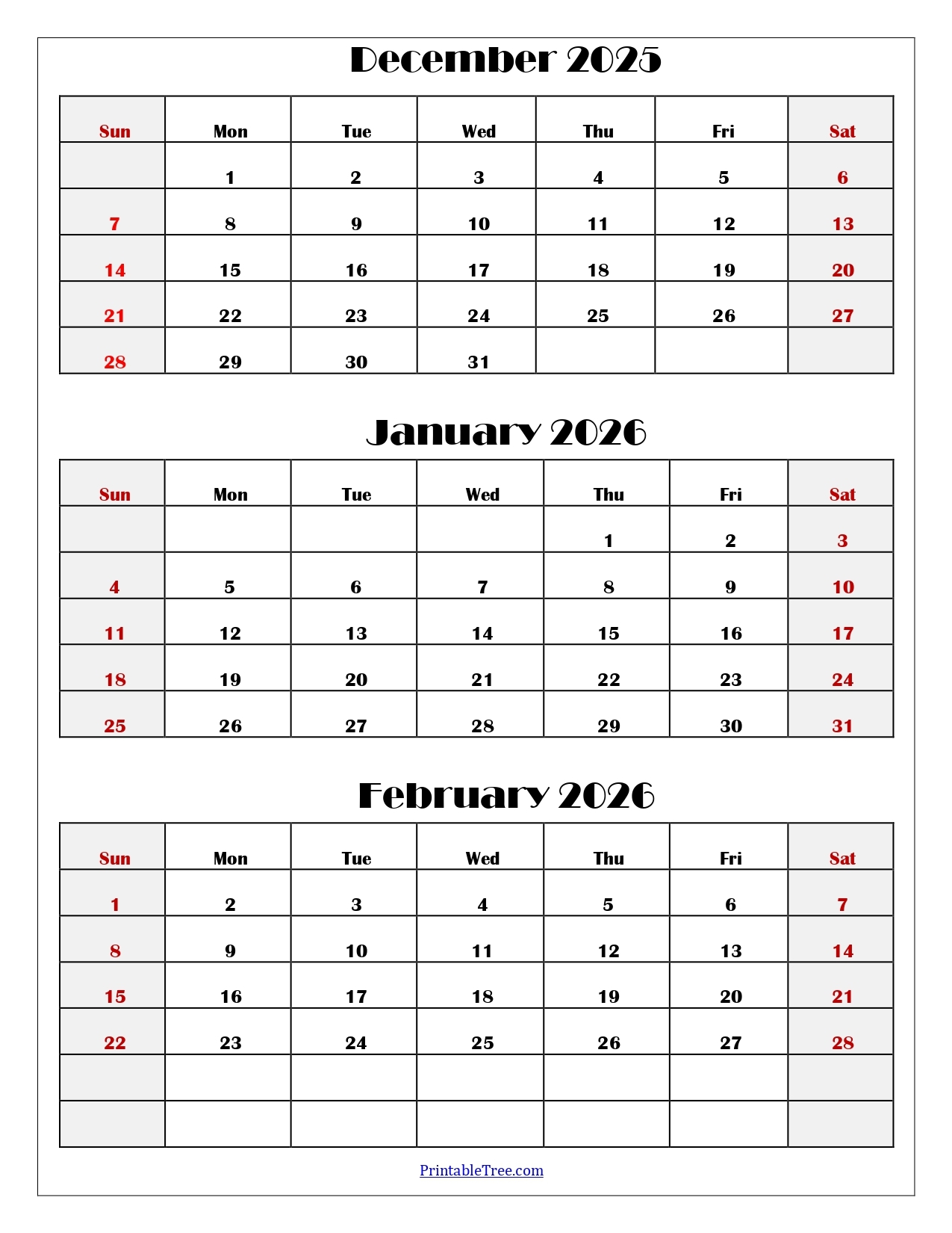 December To February 2026 Calendar Printable PDF Three Months Calendar