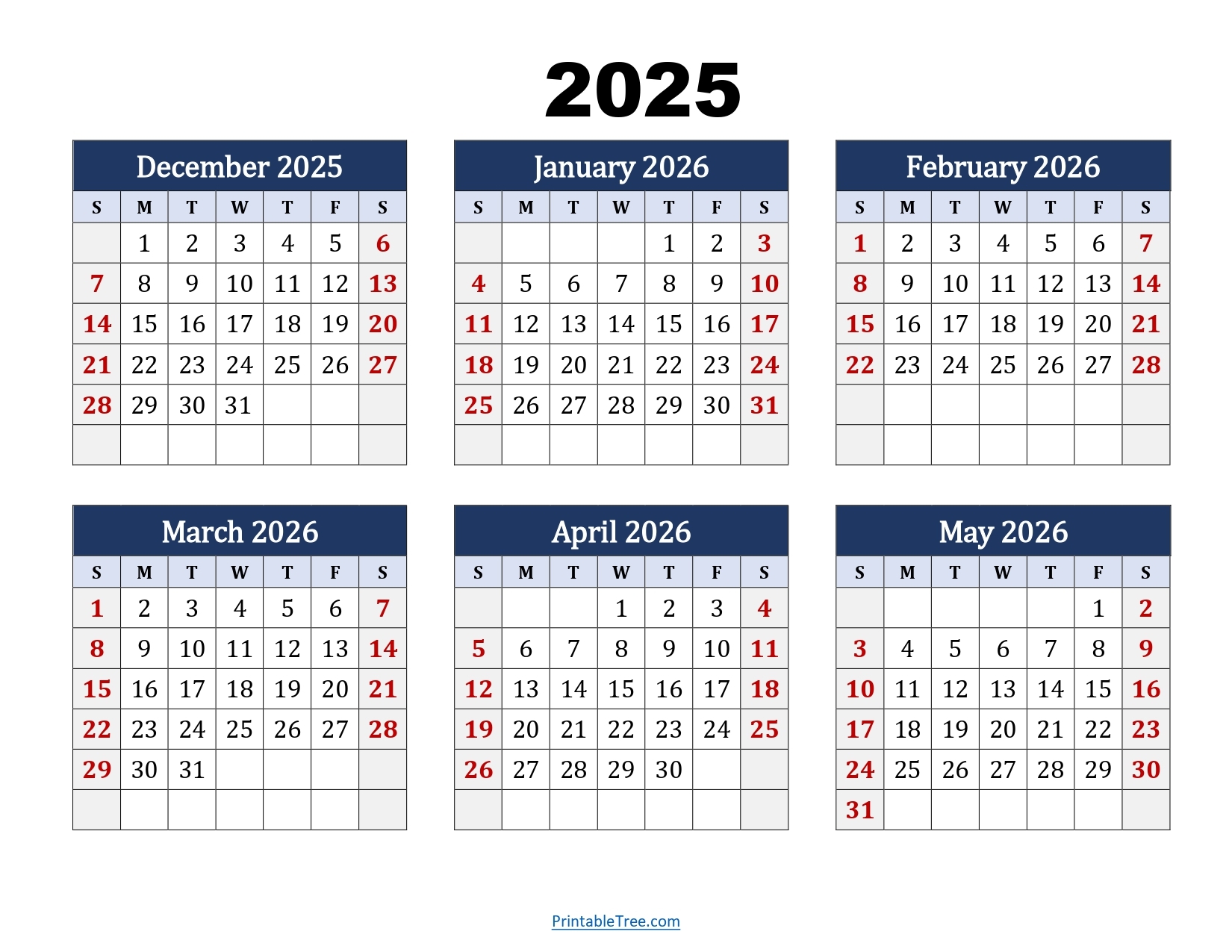 December To May 2026 Calendar Printable PDF Six Months Calendar