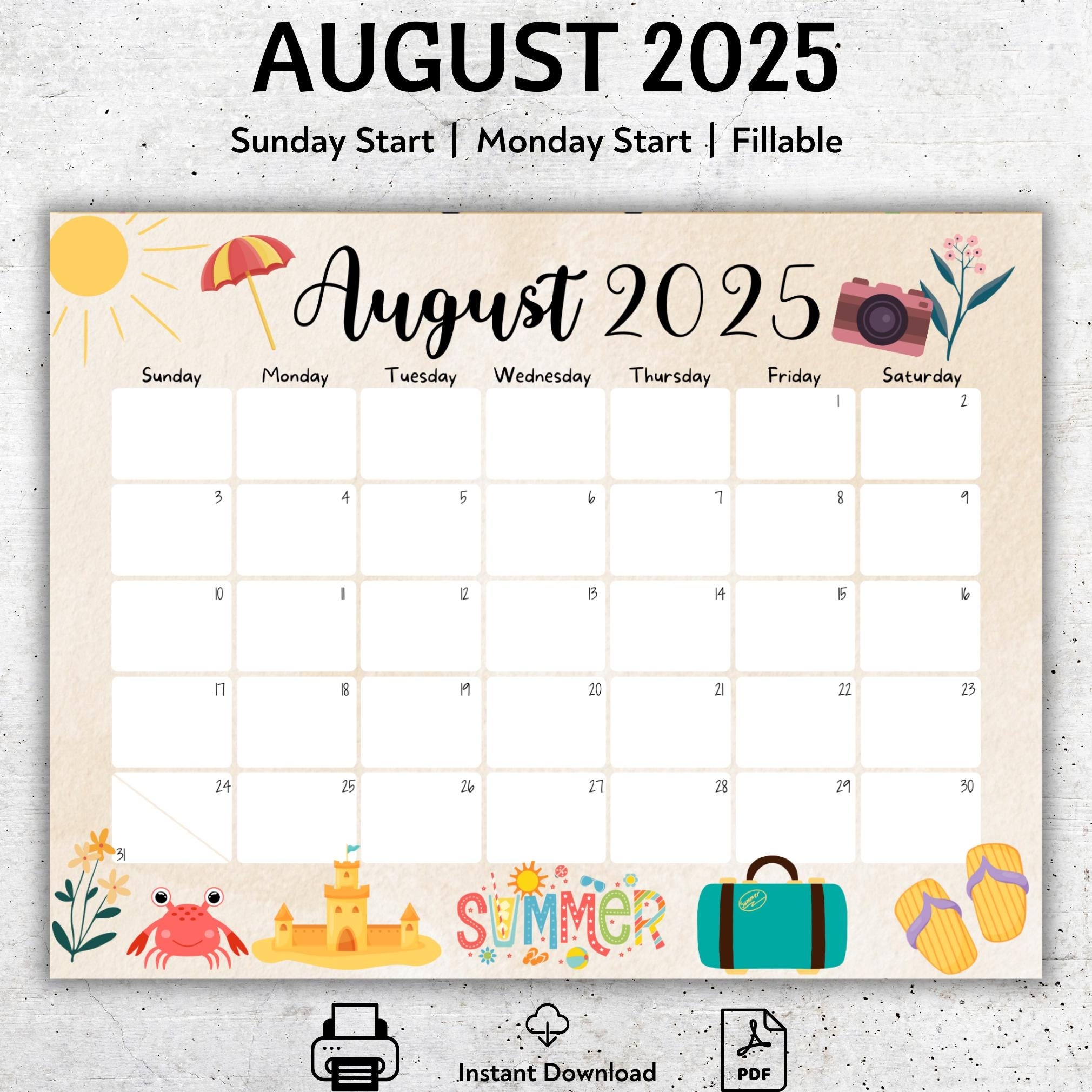 EDITABLE August 2025 Calendar Printable Vacation Planner 