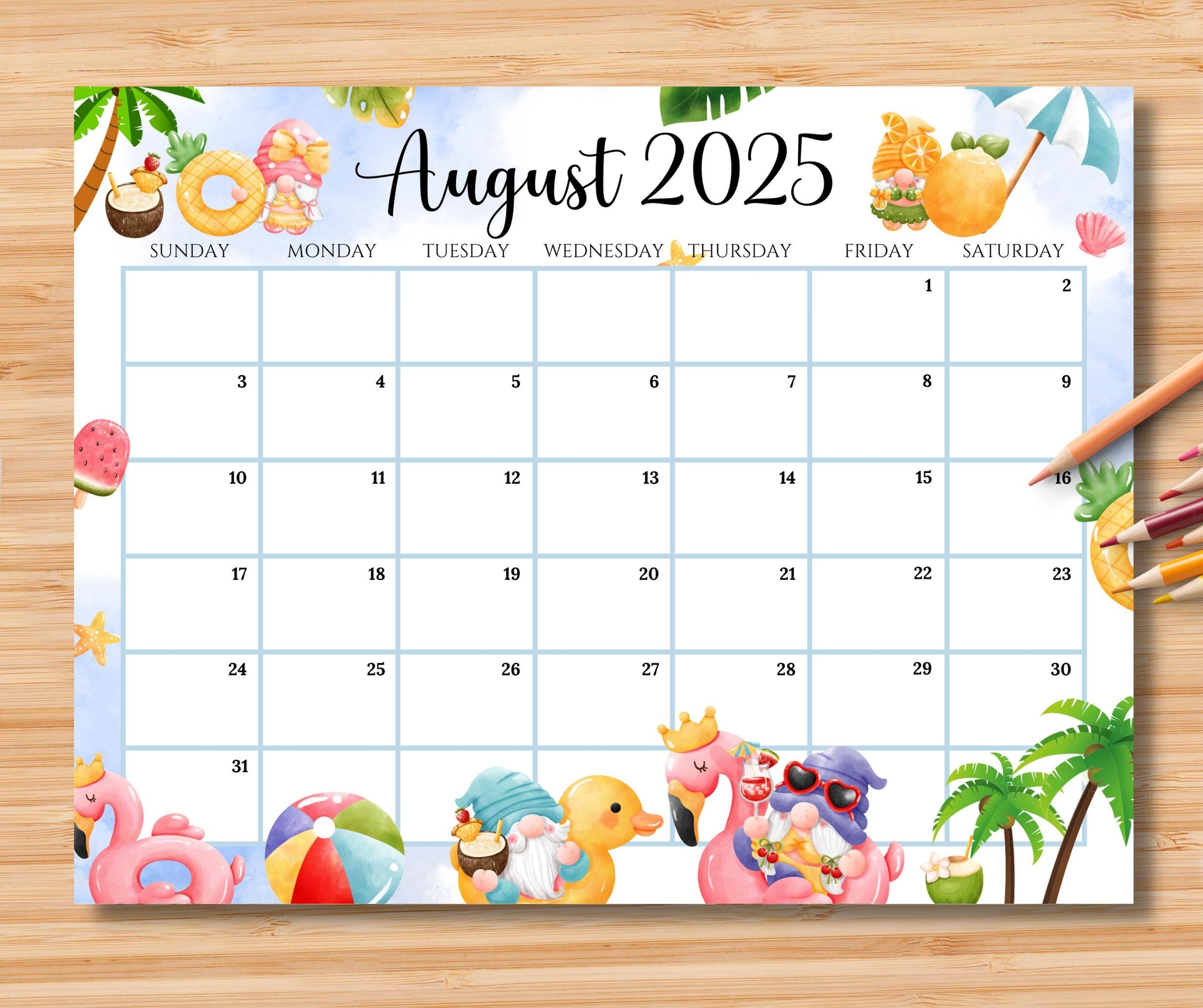 EDITABLE August 2025 Calendar Relaxing Summer At The Beach With 