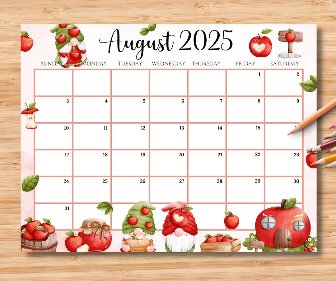 EDITABLE August 2025 Calendar Sweet Summer With Cute Apple Gnomes 