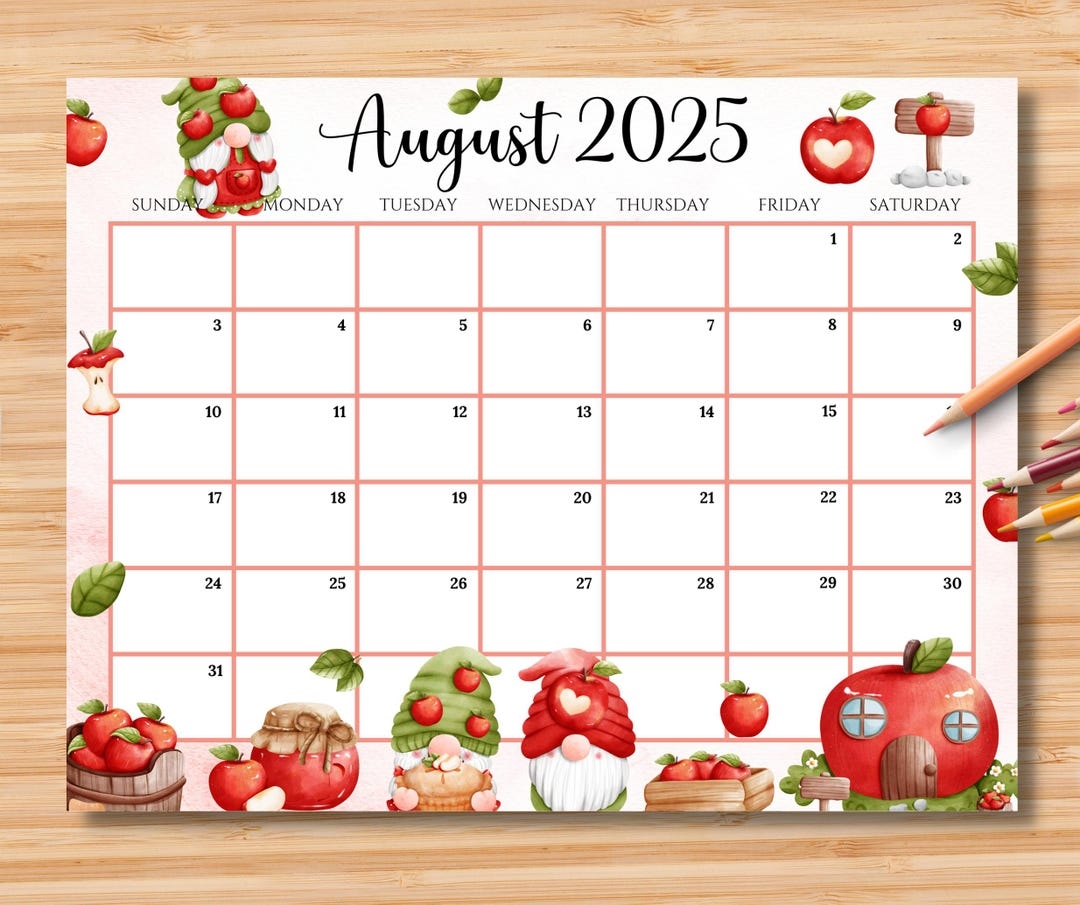 EDITABLE August 2025 Calendar Sweet Summer With Cute Apple Gnomes 