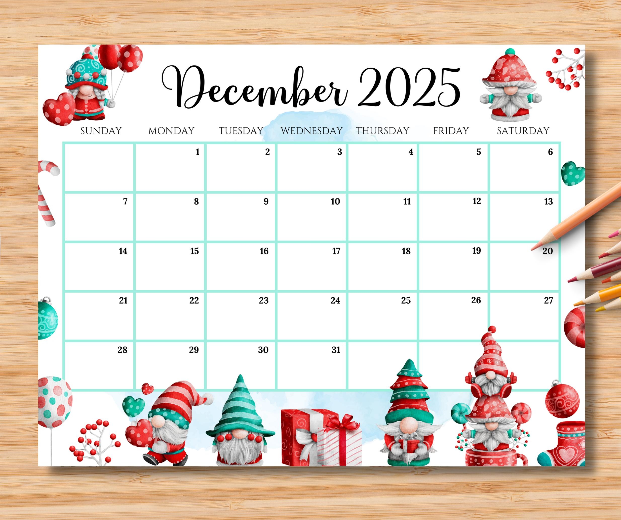 EDITABLE December 2025 Calendar Adorable Christmas W Cute Gnomes 