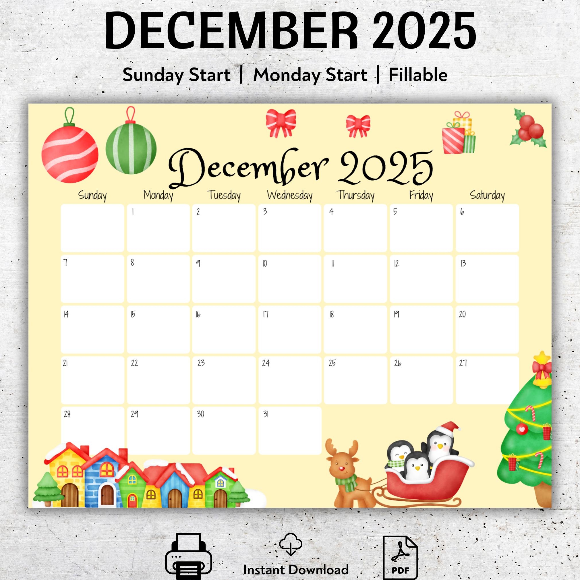 EDITABLE December 2025 Calendar Beautiful Winter Cute Penguins Printable Fillable Planner Kids Weekly Schedule Classroom Calendar PDF Etsy