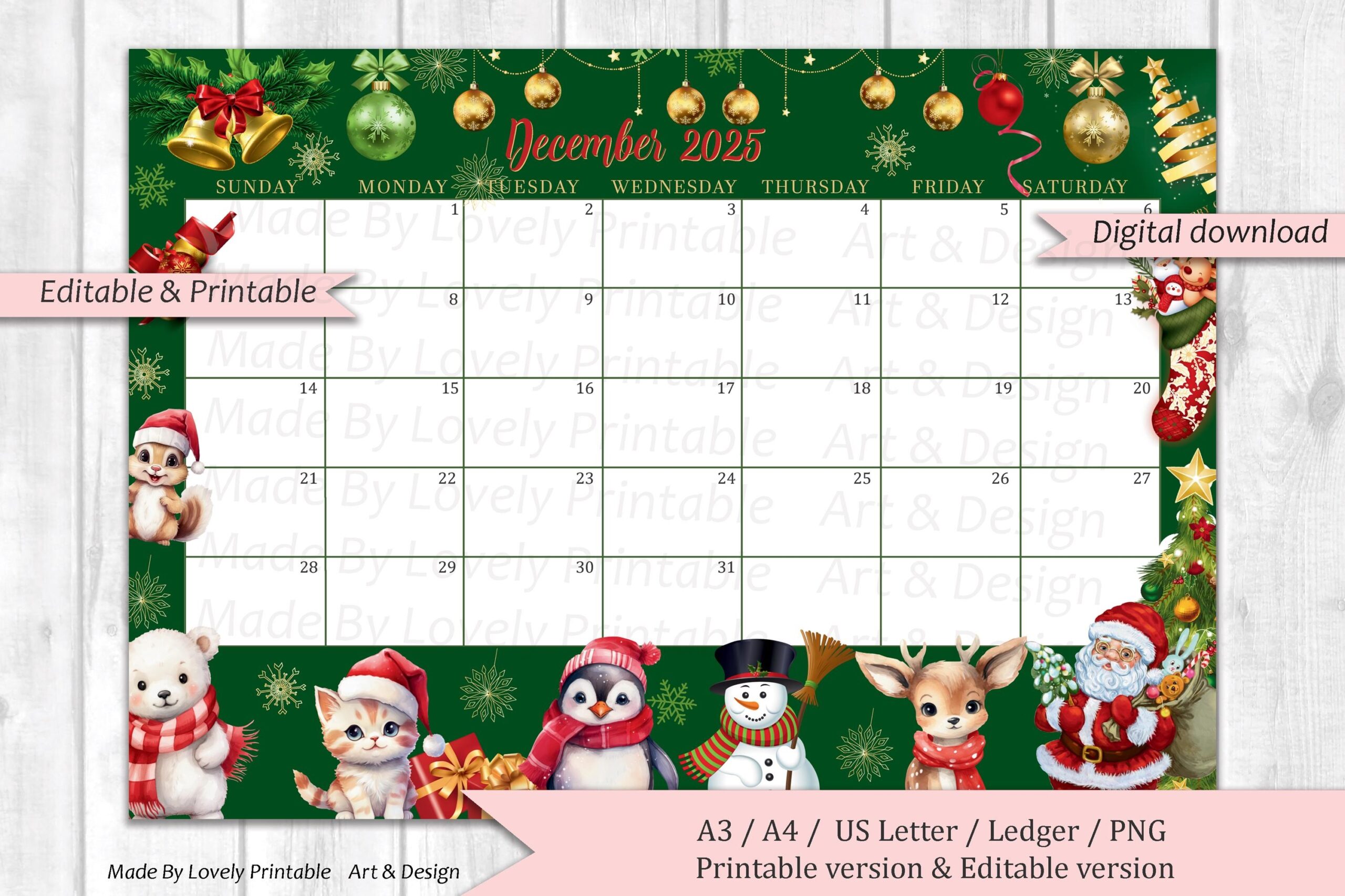 EDITABLE December 2025 Calendar Joyful Merry Christmas Printable 