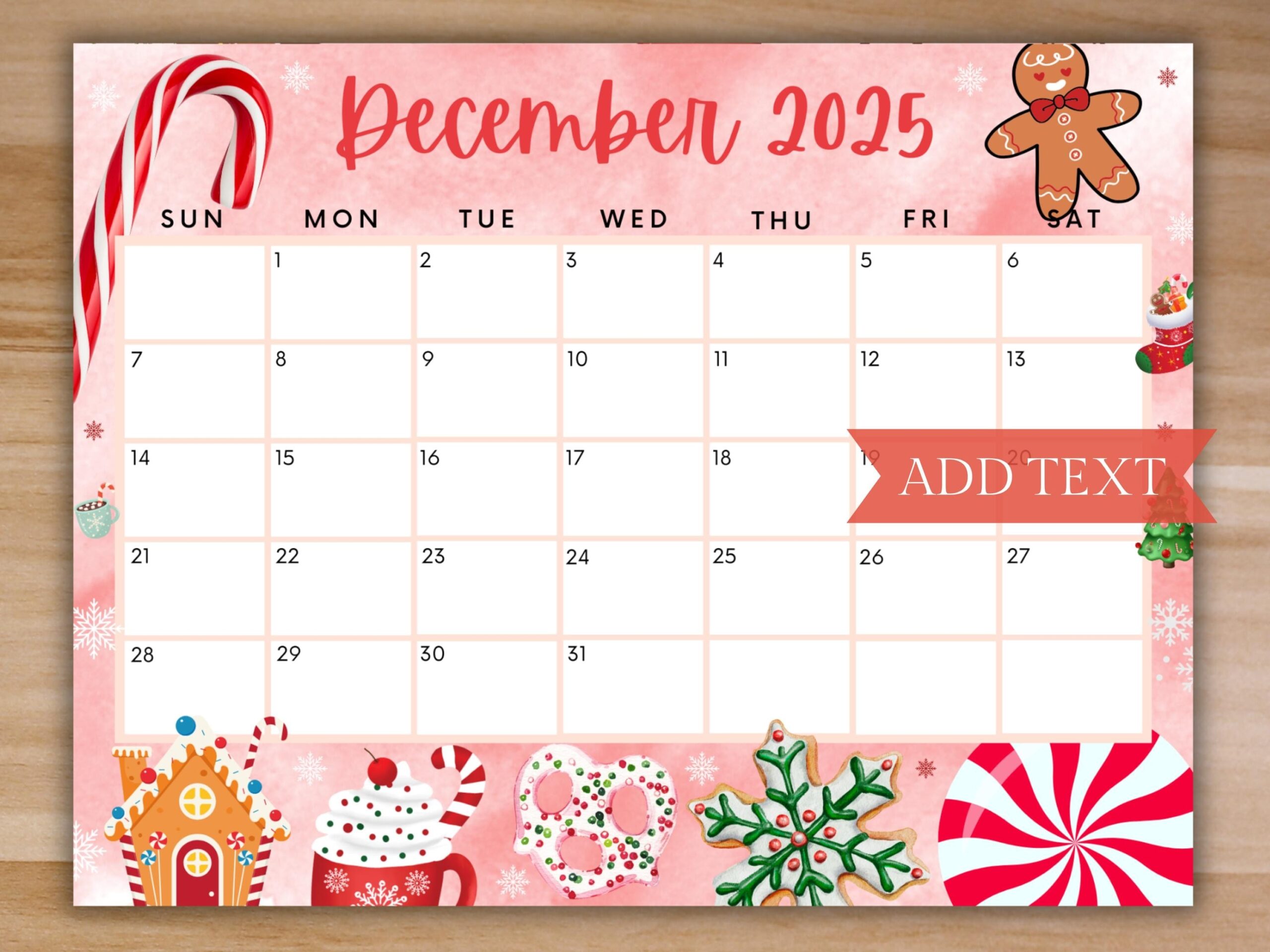 Editable December 2025 Calendar Printable Red Christmas Calendar 