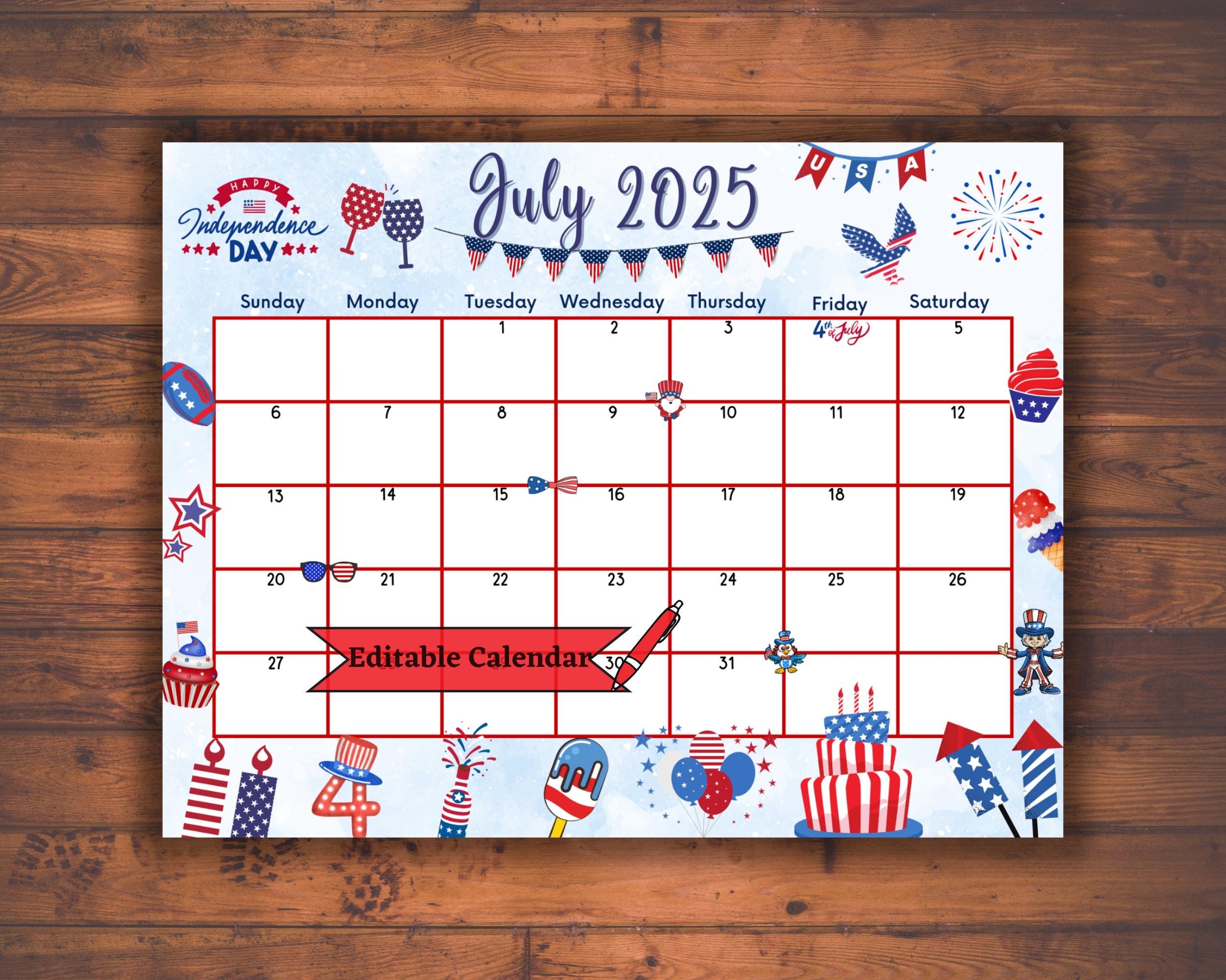 Editable Fillable July 2025 Calendar For 4th July Independence Day 