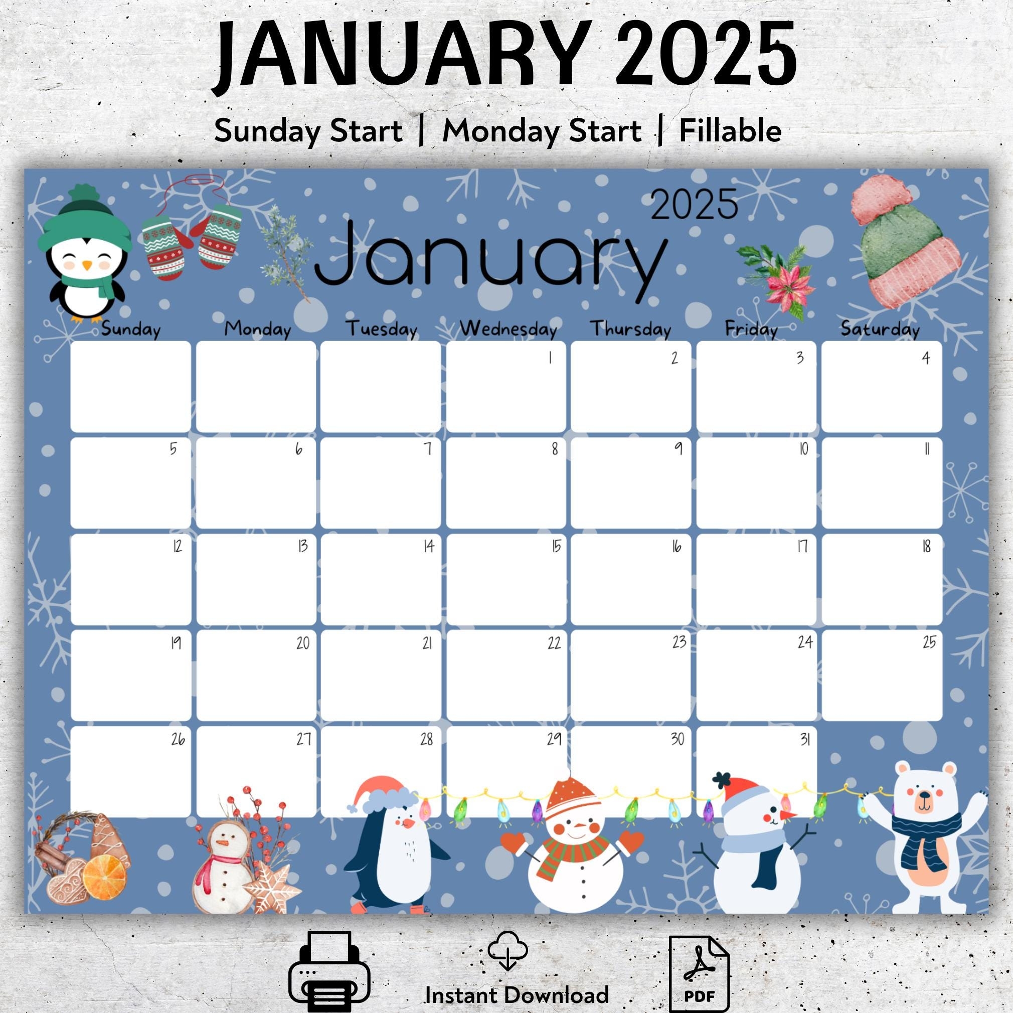 EDITABLE January 2025 Calendar Beautiful Winter Snowmen And 
