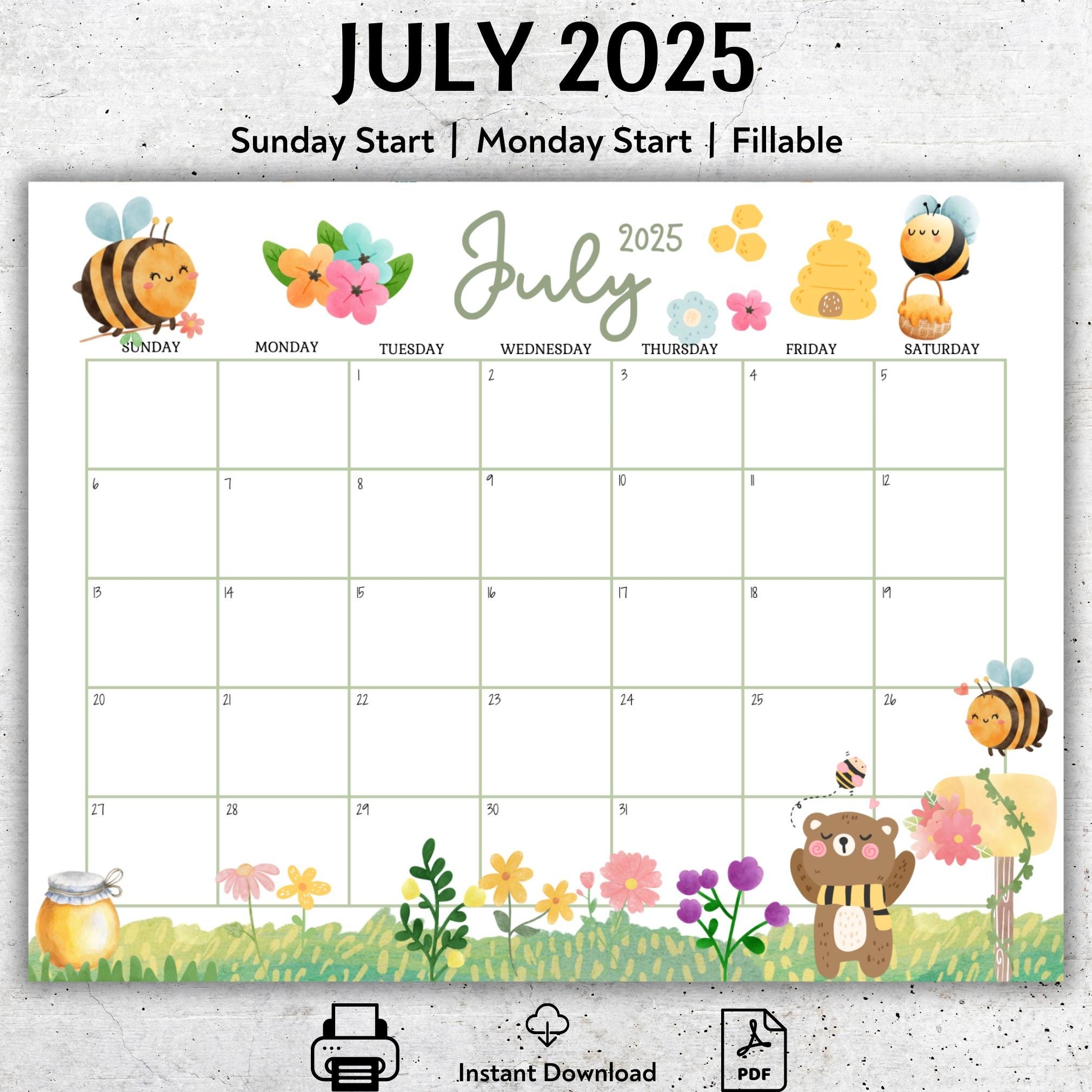 EDITABLE July 2025 Calendar 2025 Summer Planner Colorful Happy 