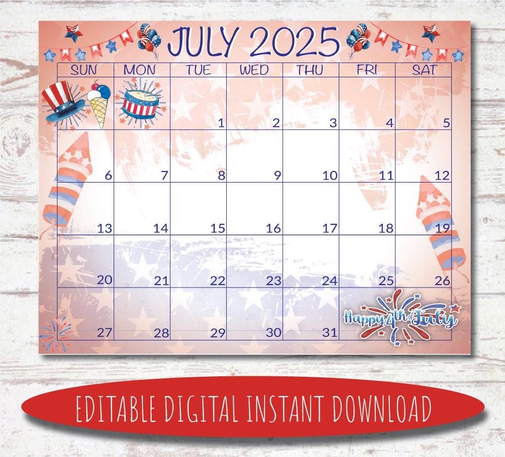 Editable July 2025 Calendar Digital Calendar Printable 